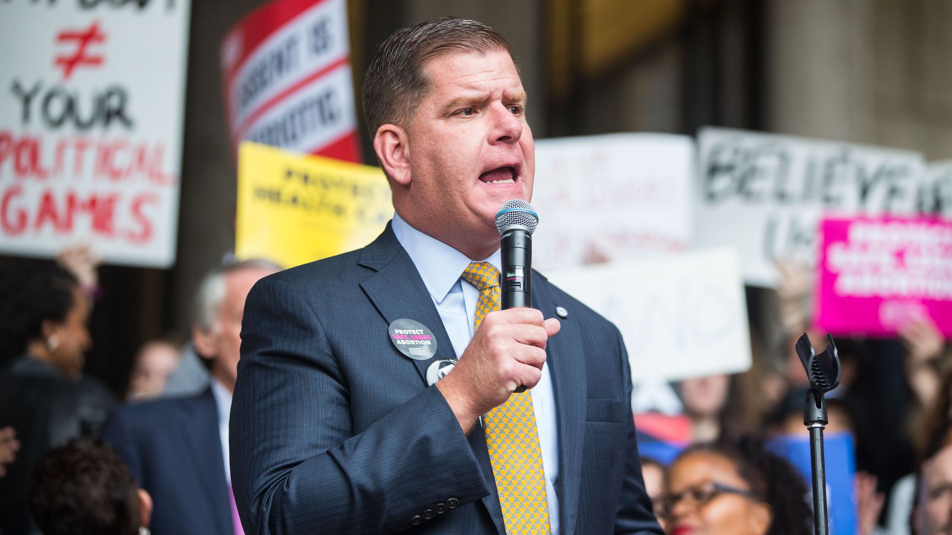 Boston Mayor Marty Walsh is shown delivering a speech.