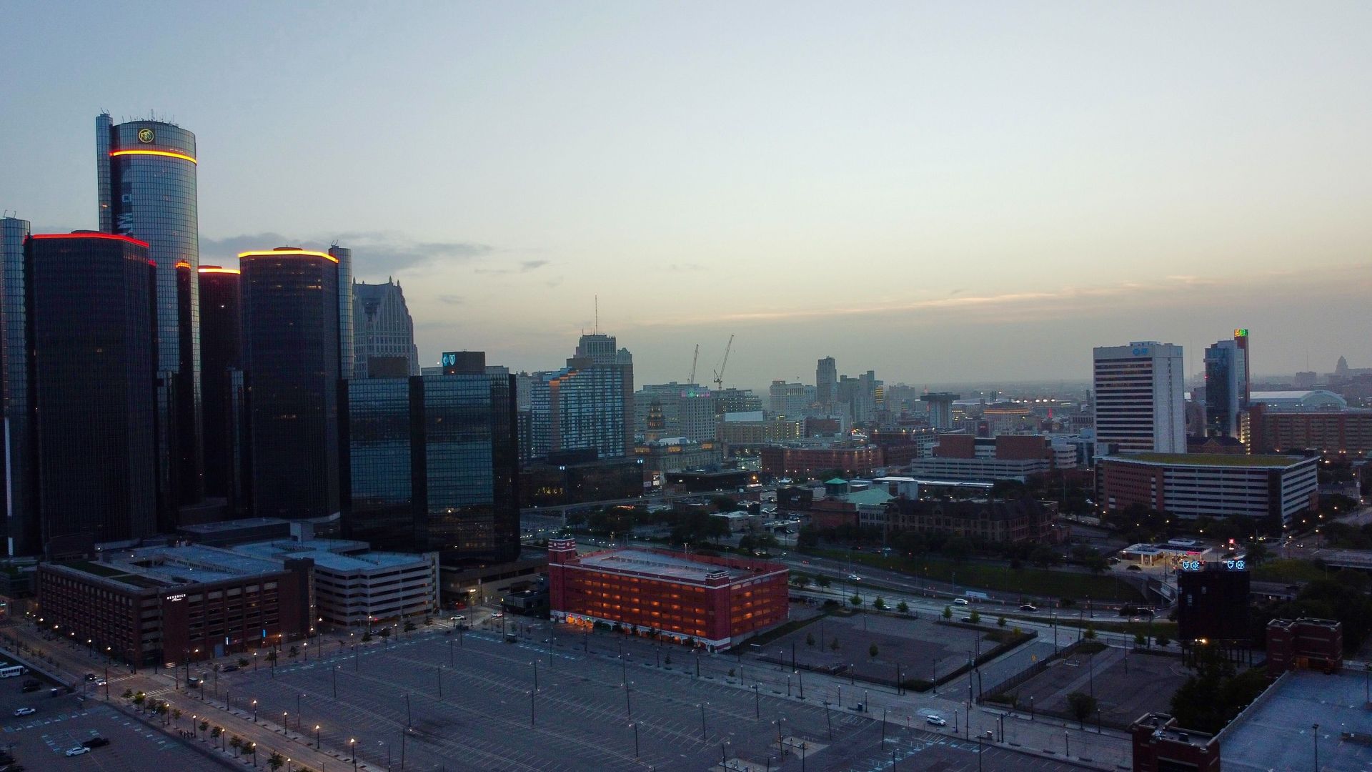 Downtown Detroit is shown from the air.