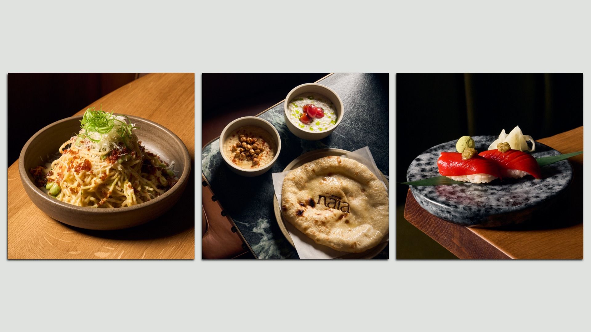 Triptych of dishes: left a bowl of noodles with greens and crispy toppings, middle two small bowls with dips and a round pita with Naia printed on, right tuna nigiri on a marble plate with wasabi.