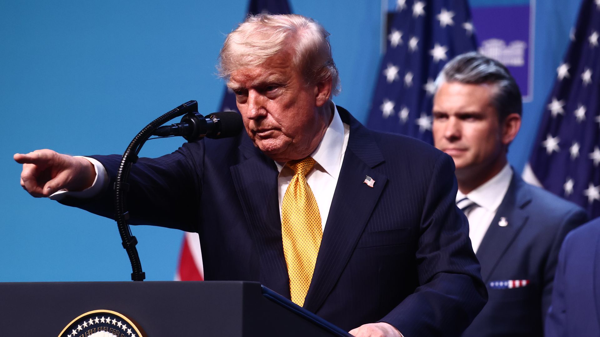 President Trump and Secretary of War Pete Hegseth during the press conference at the NATO Summit in Ankara, Turkiye on July 8.