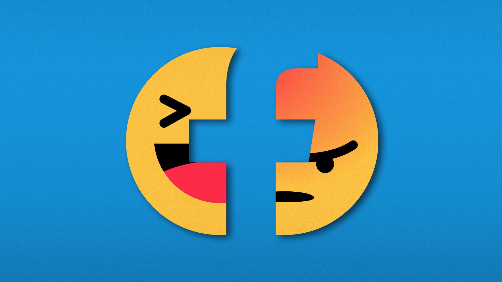 Illustration of the Facebook logo with a laughing emoji on one side and an angry emoji on the other.