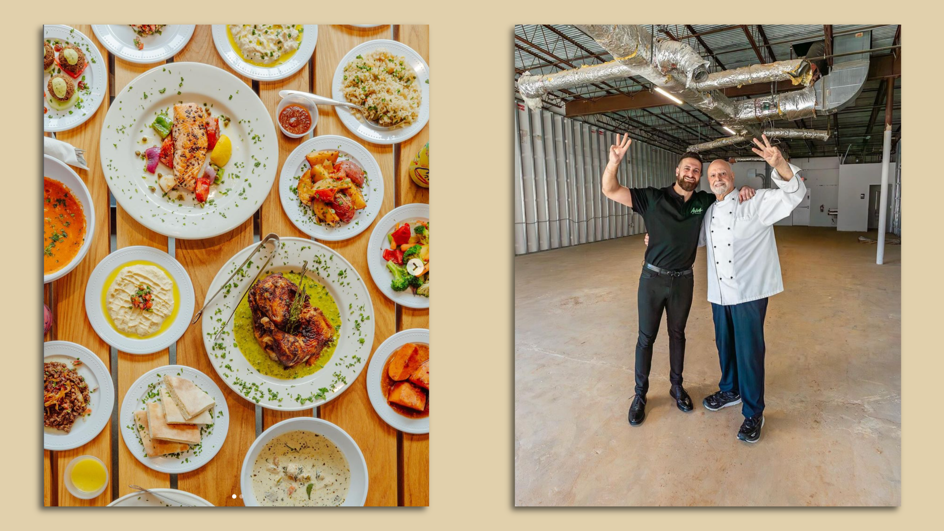 Side-by-side photos of Mediterranean dishes, and a father and son celebrating in a vacant restaurant space