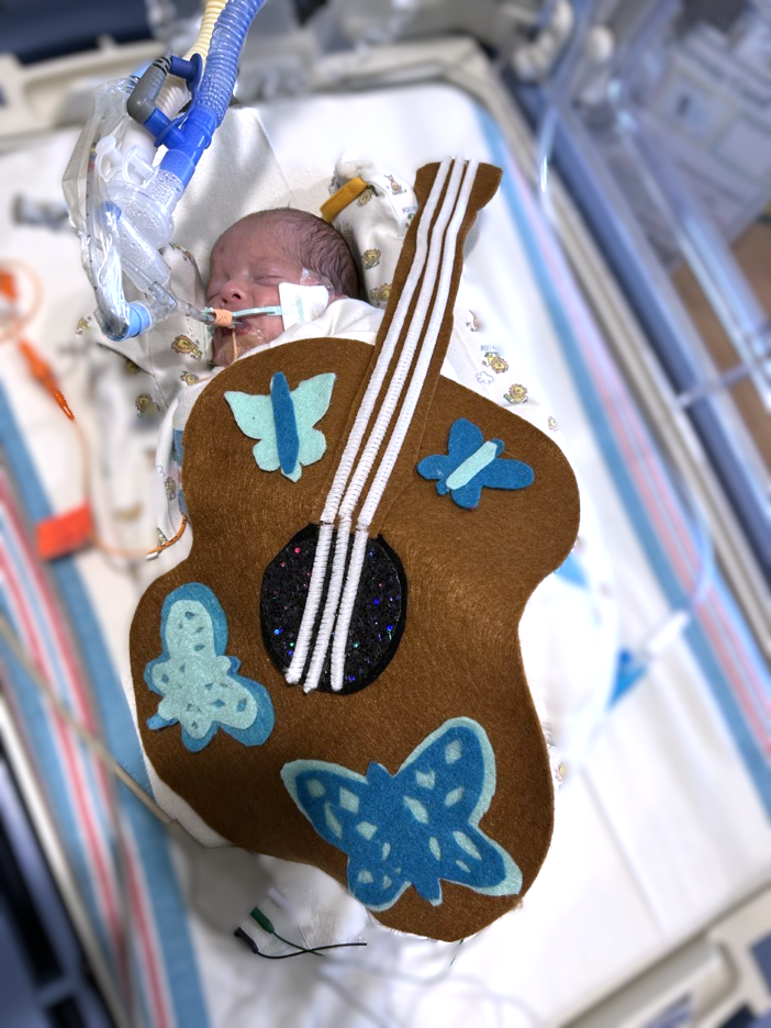 Image show a baby with a guitar costume.