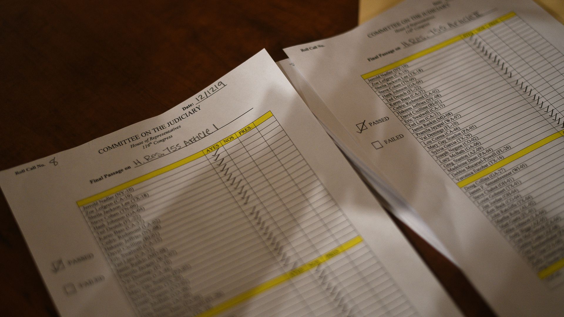 A photo of the paperwork documenting the House Judiciary Committee member vote