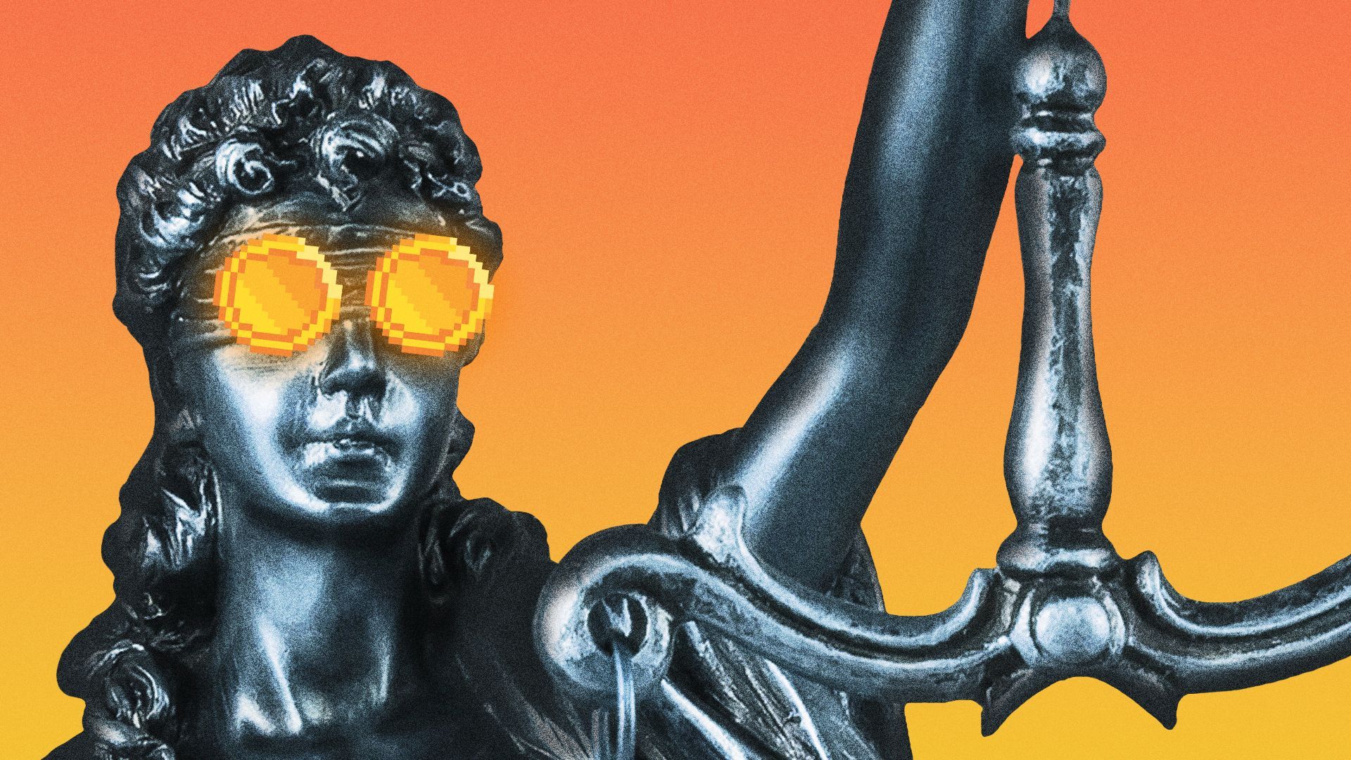 Illustration of the Lady Justice statue with pixelated coins for eyes.