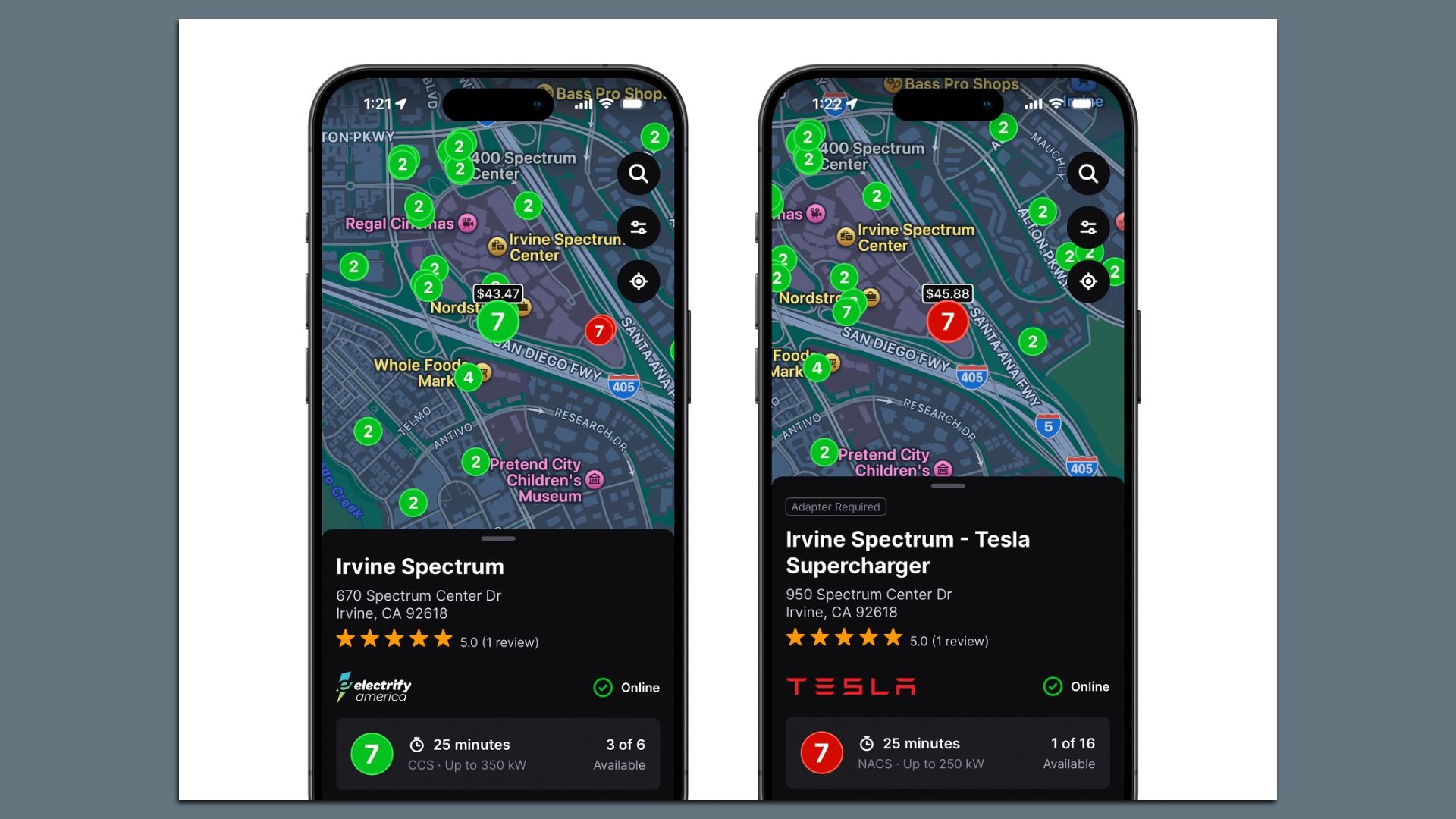 Two phones showing maps of Irvine Spectrum with green and red charging station markers. The screens highlight EV charging station availability, time to charge and total cost to charge, based on real-time pricing. 