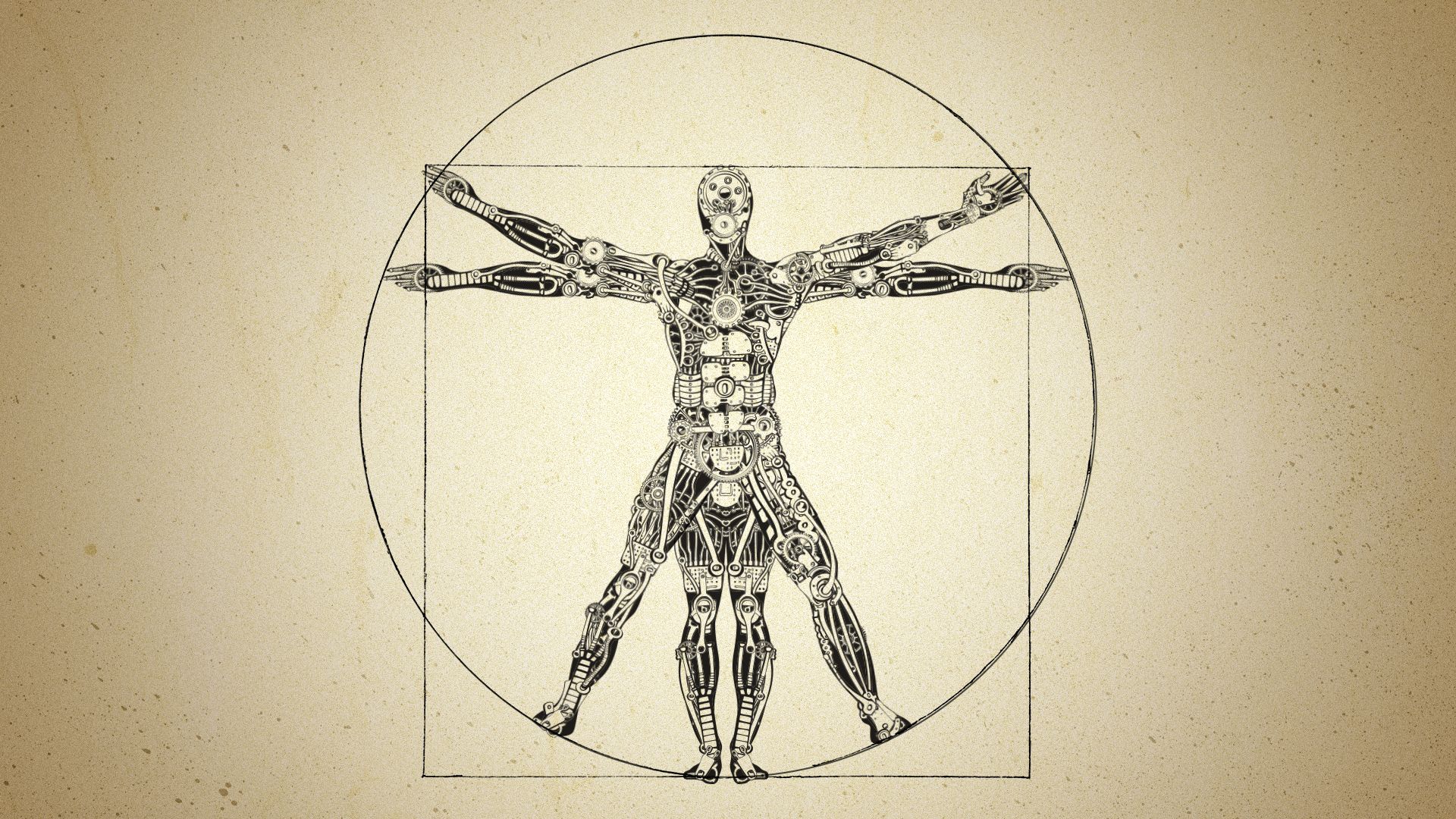 Illustration of Da Vinci's The Vitruvian Man with a robot instead of a man in the diagram.
