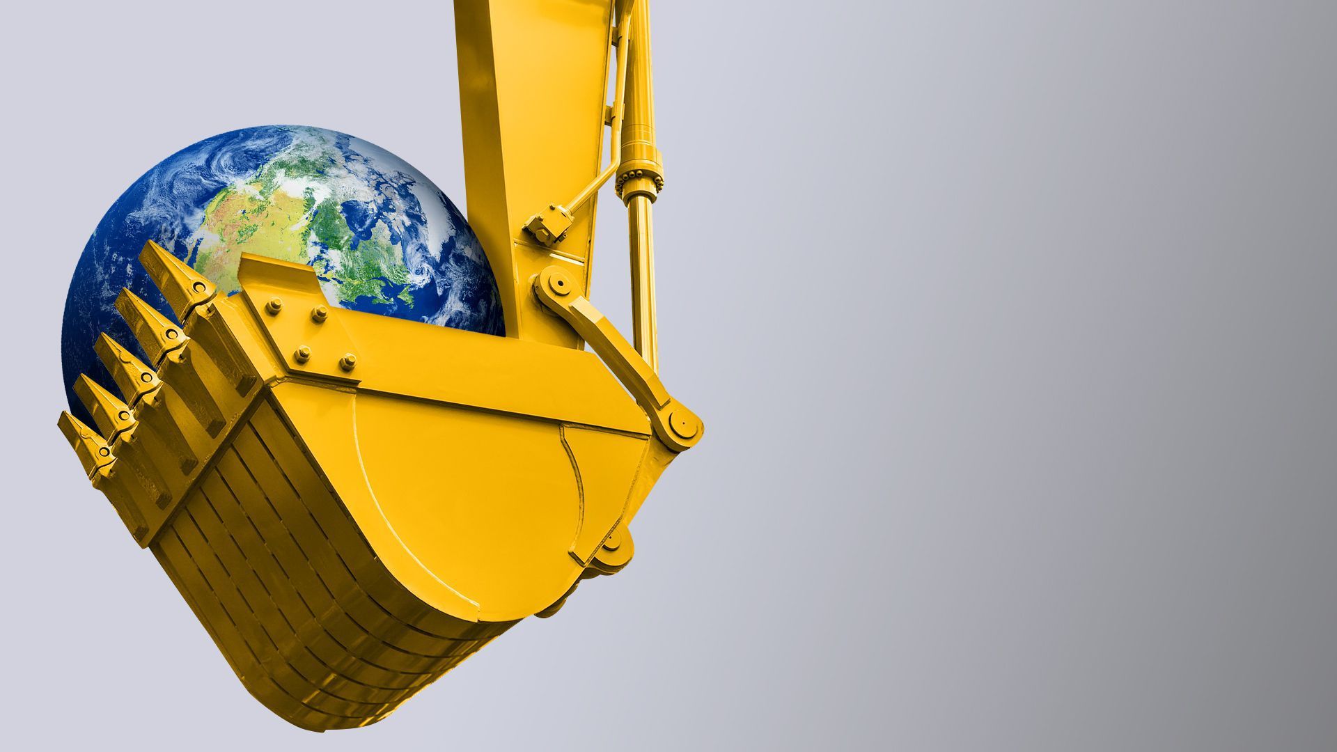 An illustration of a excavator holding a globe. 