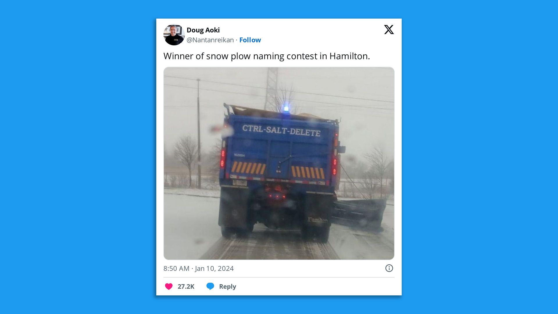 A tweet with a photo of a snow plow called CTRL-SALT-DELETE