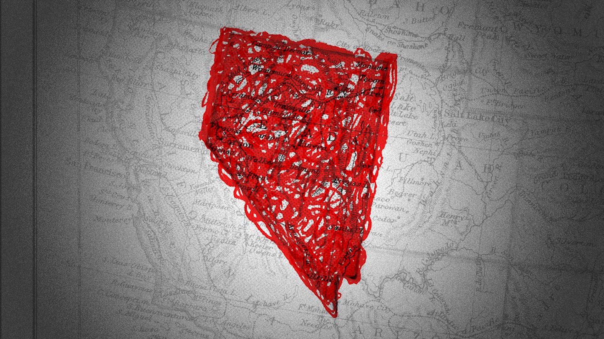 Illustration of a map of the western United States with red scribbles covering Nevada