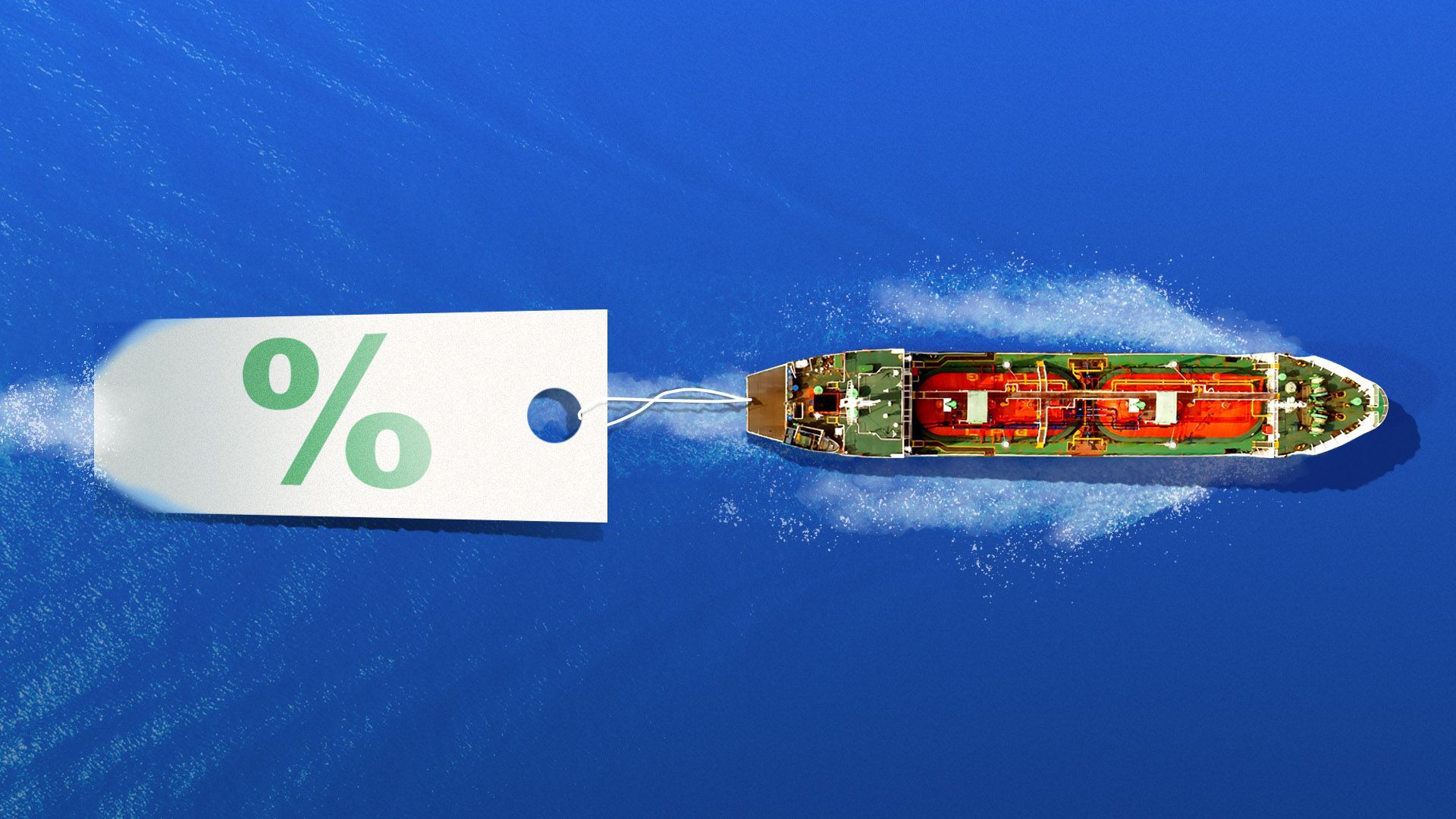 Illustration of an LNG tanker pulling a tag with a percent symbol on it
