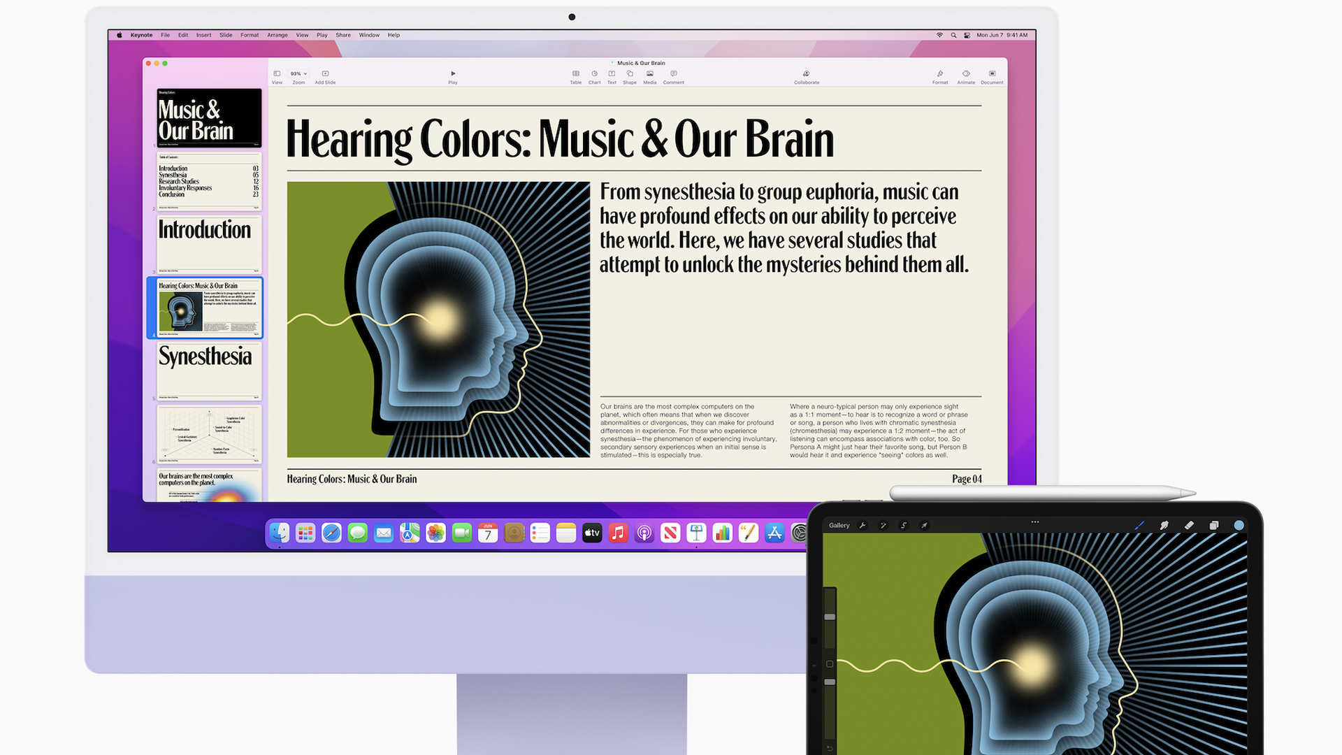 Illustration of a brain with a sound wave. The top of the illustration reads, "Hearing Colors: Music & Our Brain."