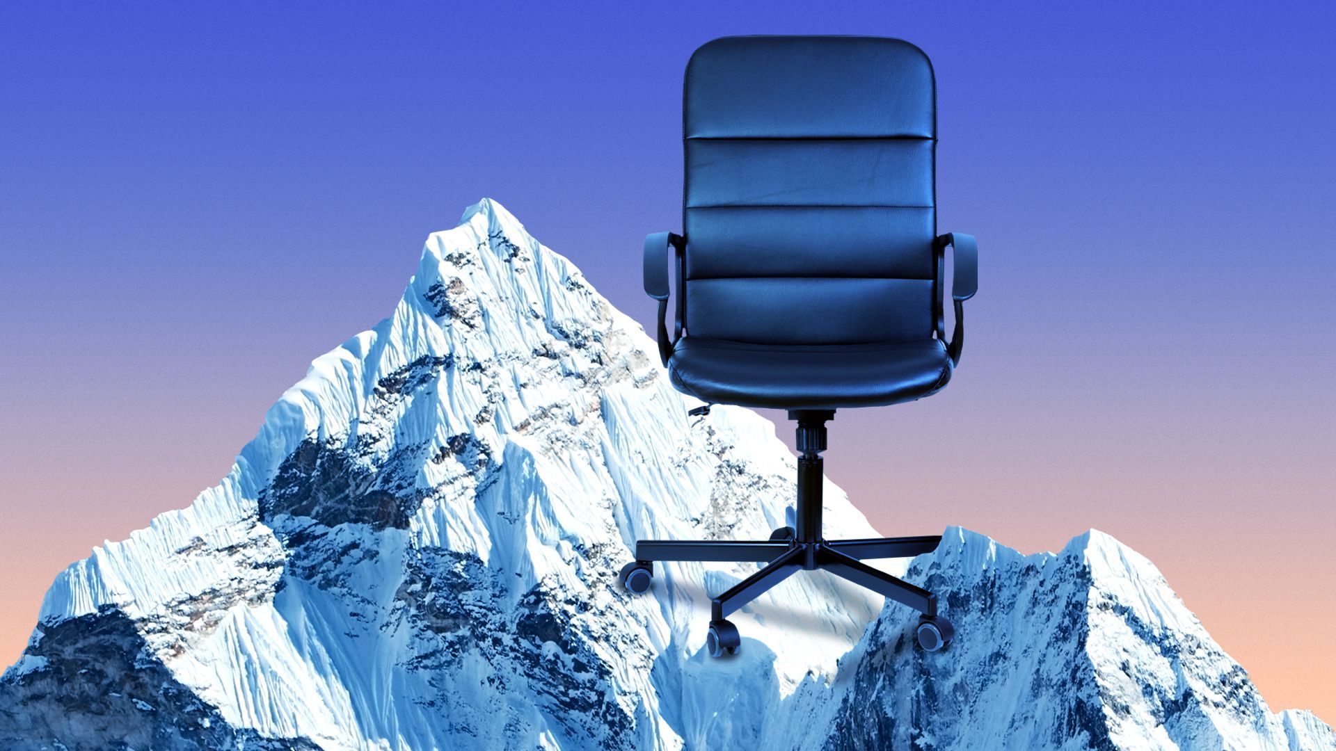 Illustration of an office chair on a mountain.
