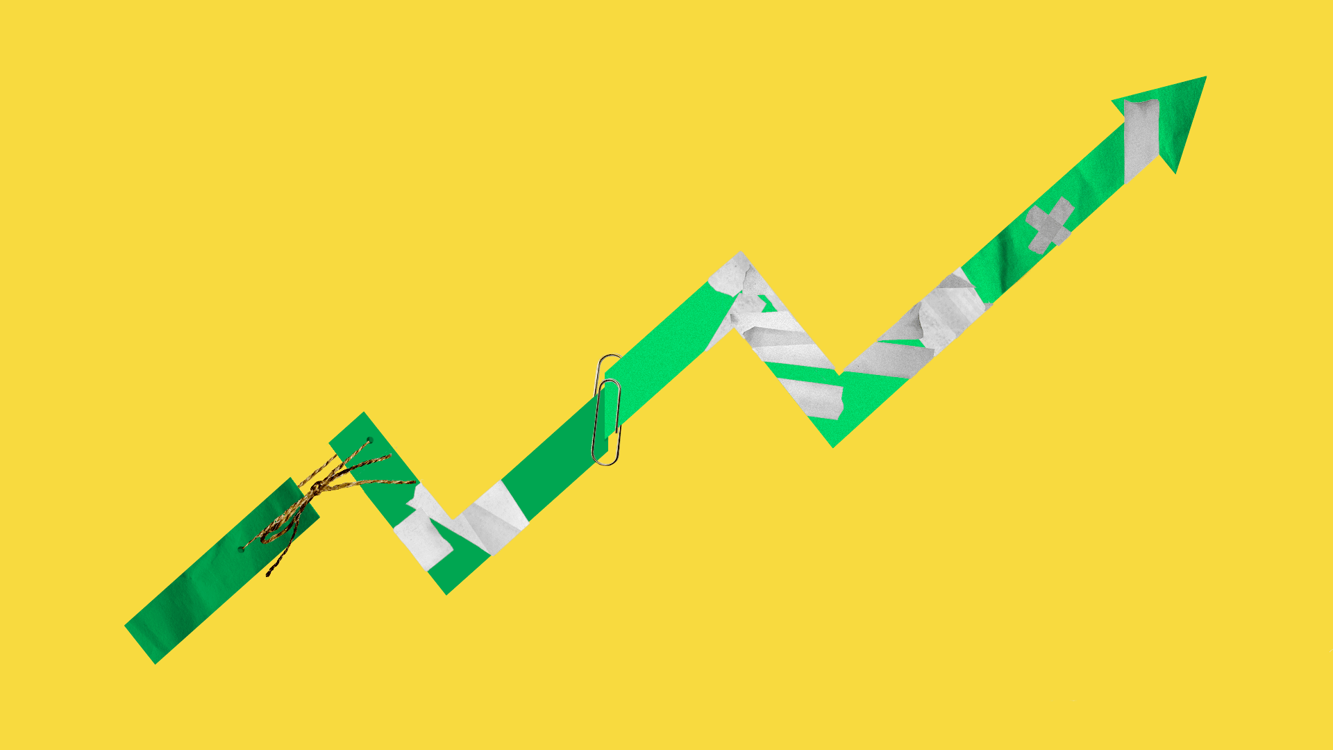 Illustration of an upward market trend line being held together with masking tape, string and a paperclip.