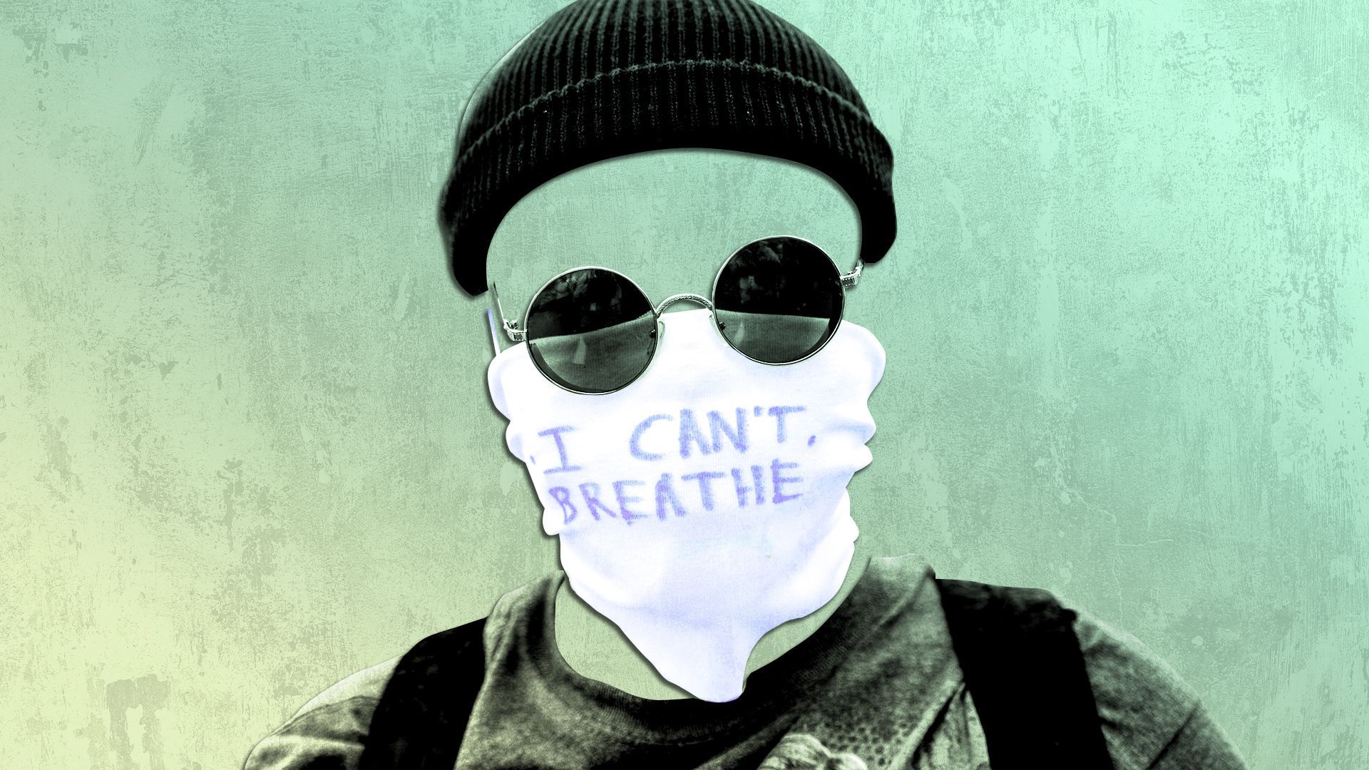Photo illustration of a protester wearing a mask that says, "I can't breathe."