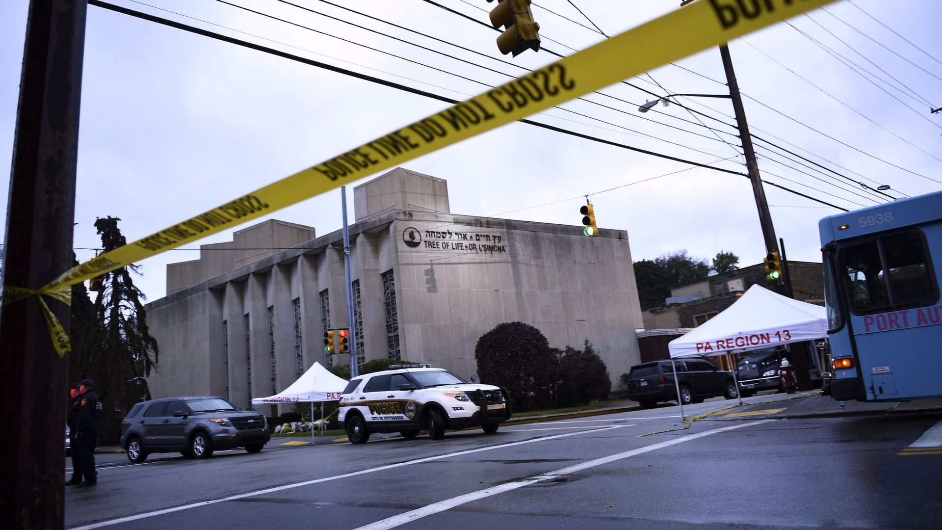 Police tape around the Tree of Life Synagogue in Pittsburgh after the shooting in October 2018.