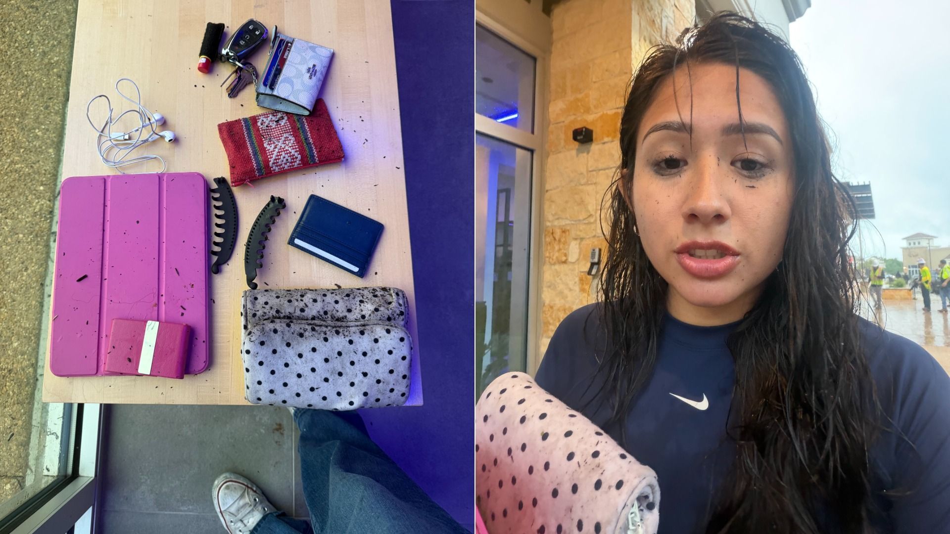 Split image: left shows a pink tablet case, earphones, keys, a wallet, a red patterned pouch, and a polka-dot bag on a wooden table; right shows a wet, dirt-smudged woman in a navy shirt outdoors in the rain.