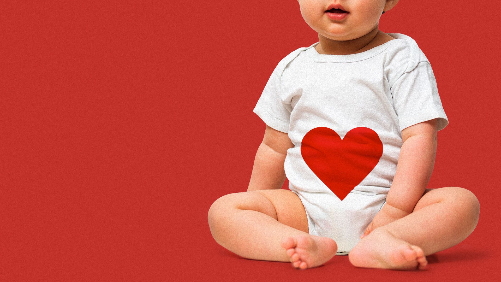 Illustration of a baby sitting wearing a white onesie with a red heart over the belly.