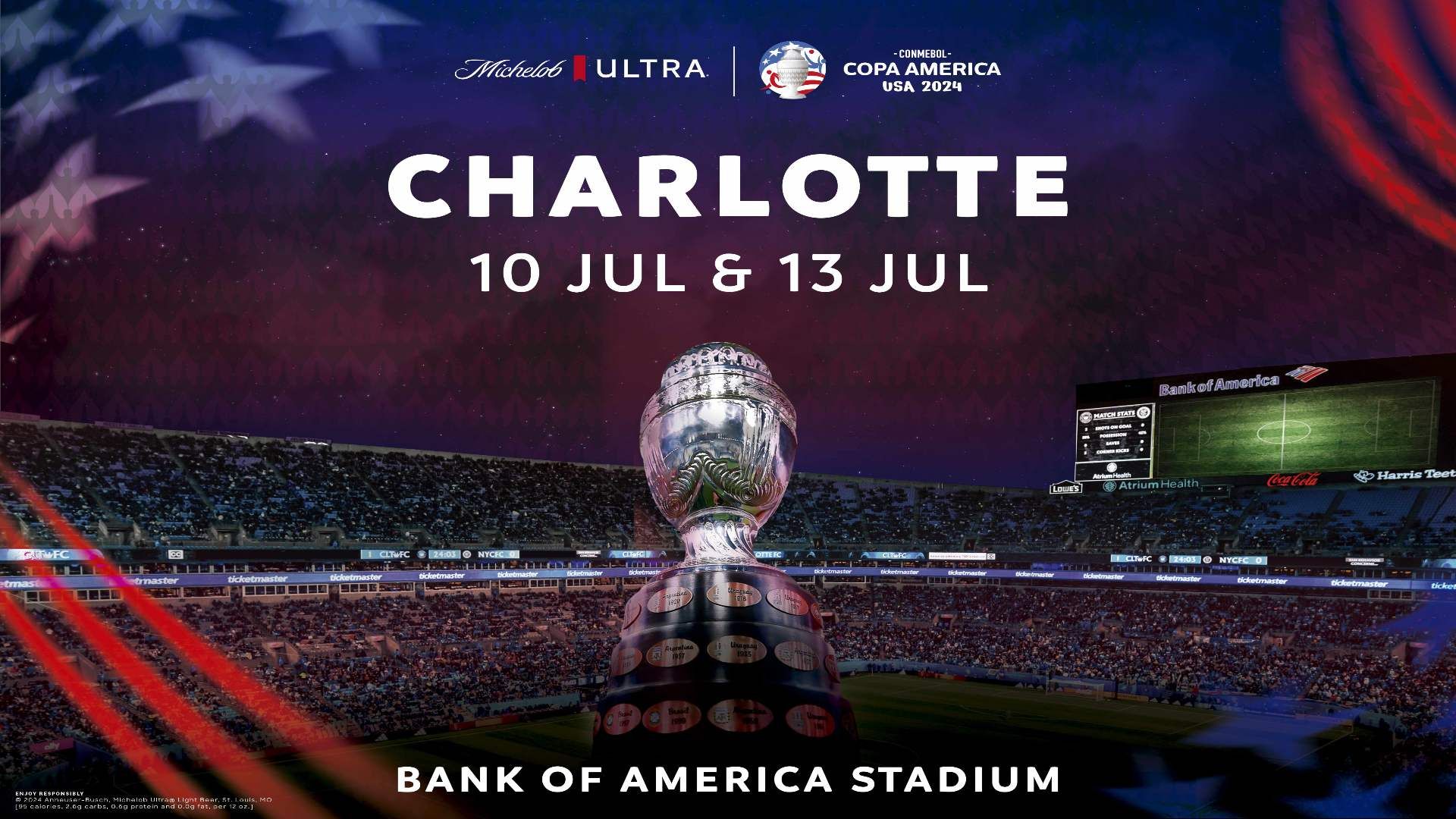 Banner advertising CONMEBOL Copa América at Charlotte July 10 and 13. 