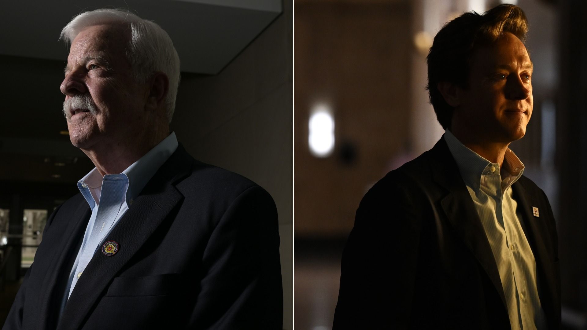 Split image of two men in suits: left an older man with white hair in a navy blazer and light blue shirt with a lapel pin; right a younger man in a dark blazer and white shirt, lit warmly.