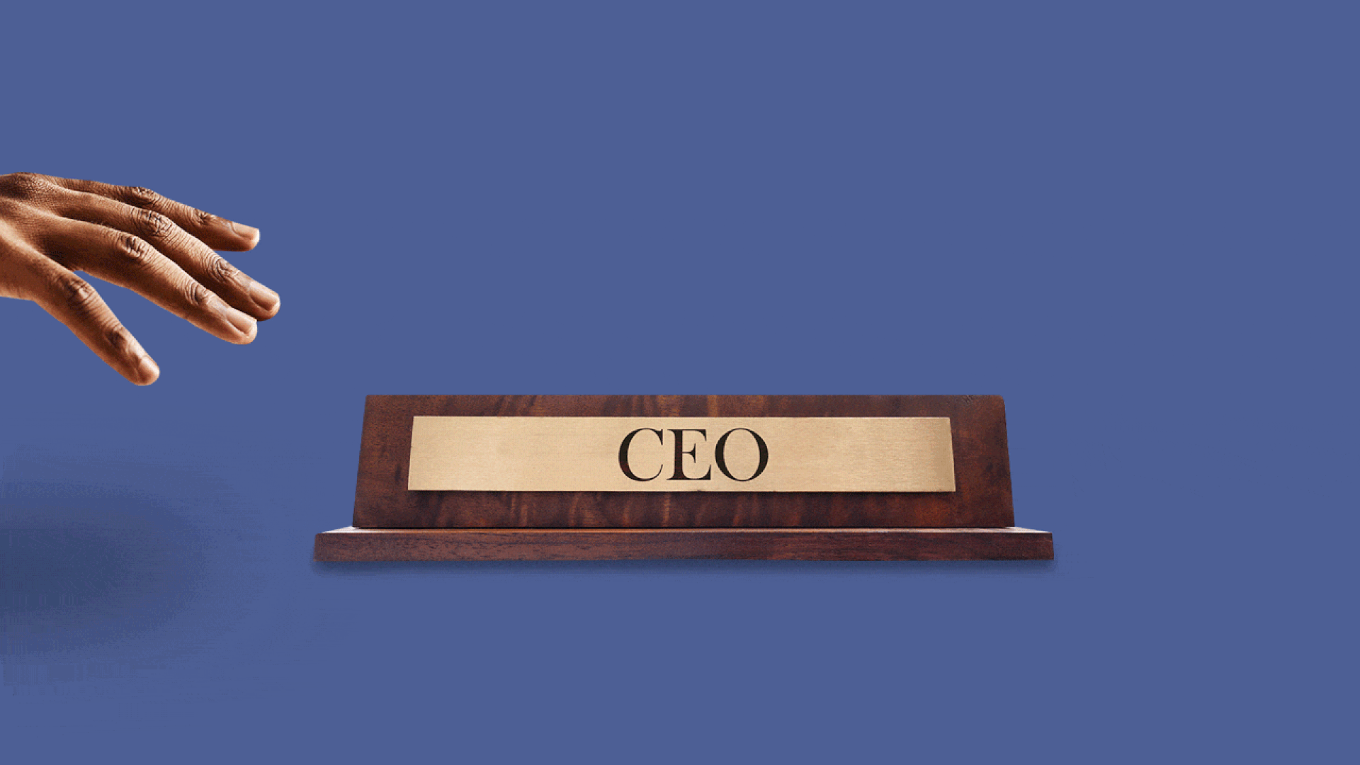 Animated illustration of a hand reaching for a CEO nameplate, which then slips away