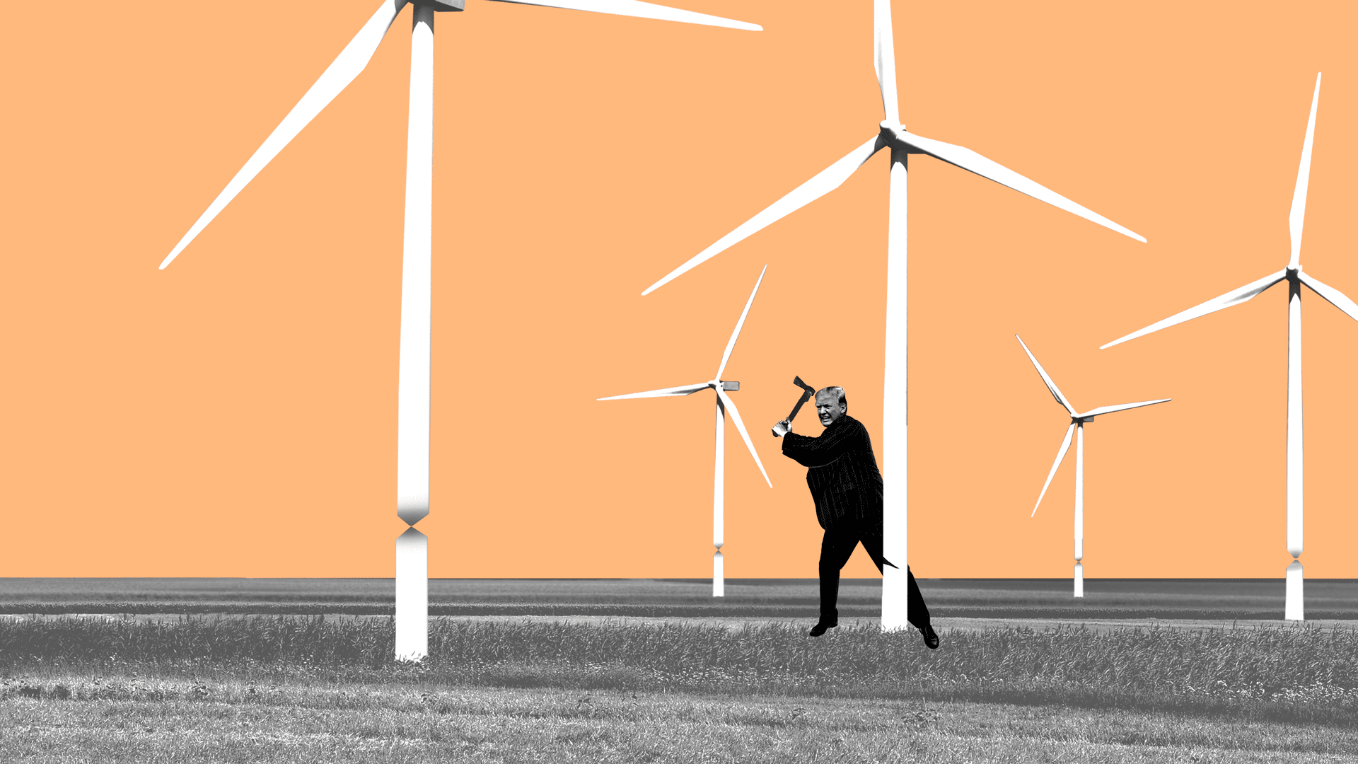 Illustration of President Trump chopping down a wind turbine.