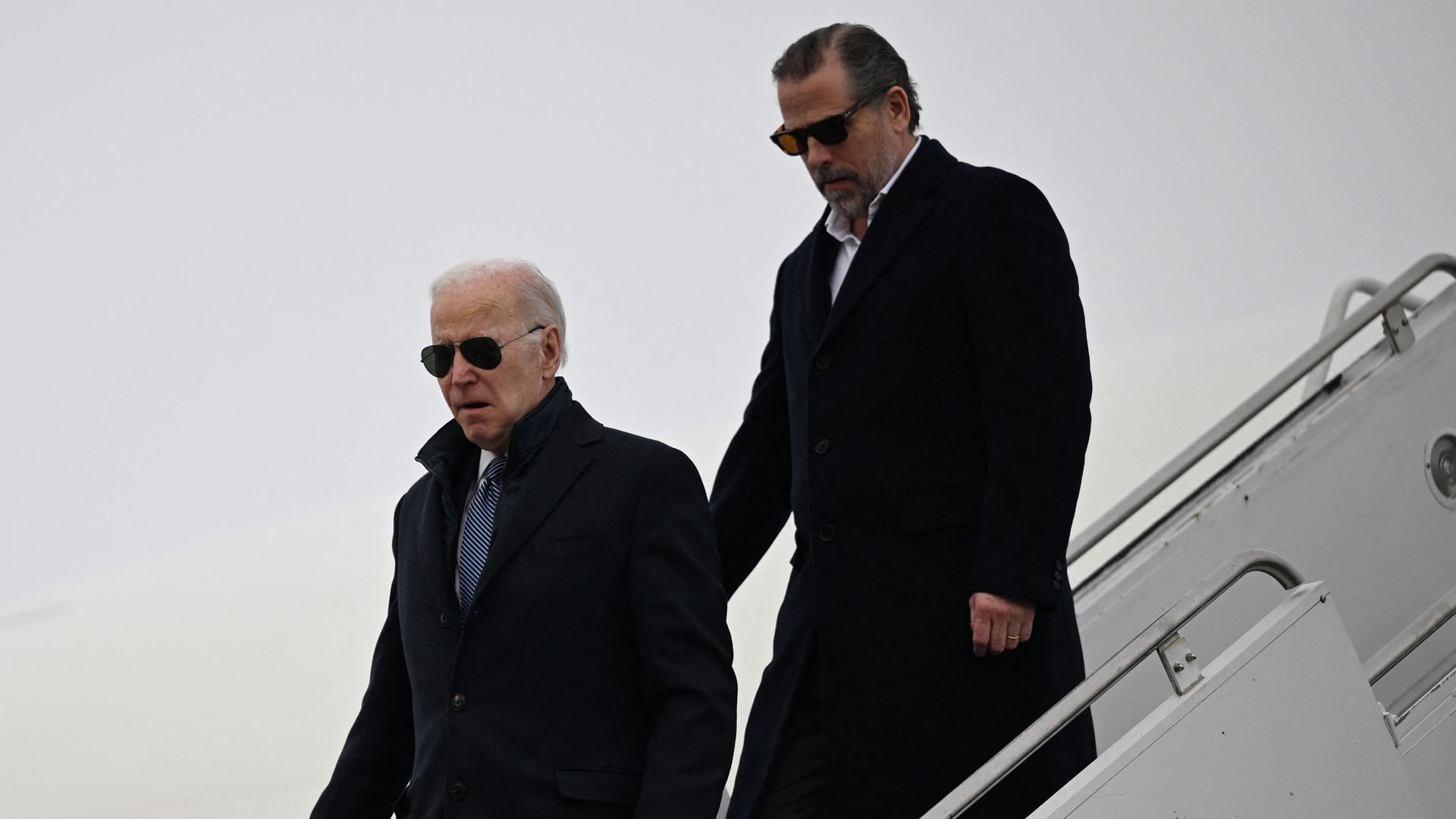 US President Joe Biden, with son Hunter Biden, arrives at Hancock Field Air National Guard Base in Syracuse, New York, on February 4, 2023.