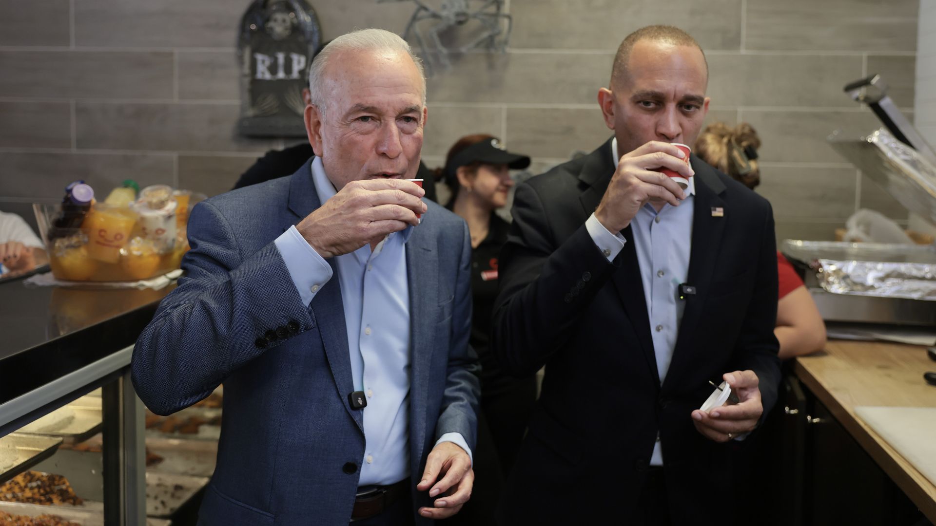 Florida Democratic Congressional candidate Eliott Rodriguez and U.S. House Minority Leader Hakeem Jeffries (D-NY) enjoy a Cuban coffee at the CAO Bakery and Cafe