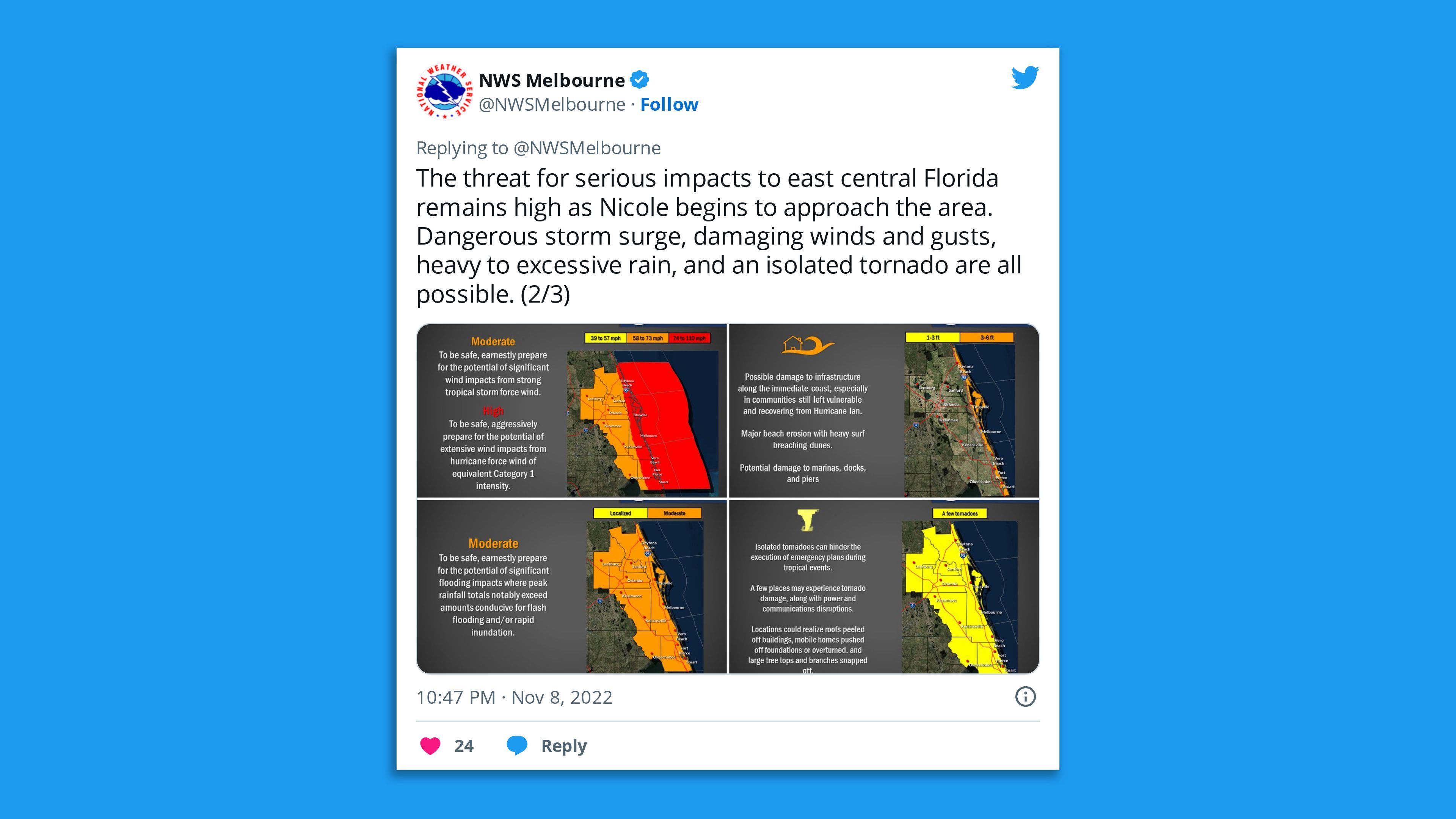 A screenshot of an NWS Melbourne tweet warning storm surge, damaging winds and tornadoes were possible from Tropical Storm Nicole.