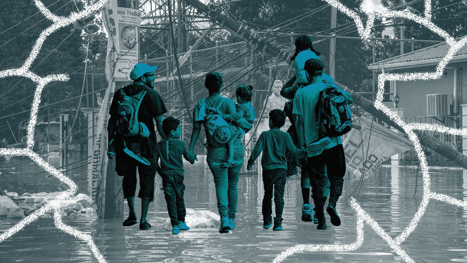Illustration of eight adult and children migrants walking in a group, set in front of a background depicting downed power lines and flooding in Honduras