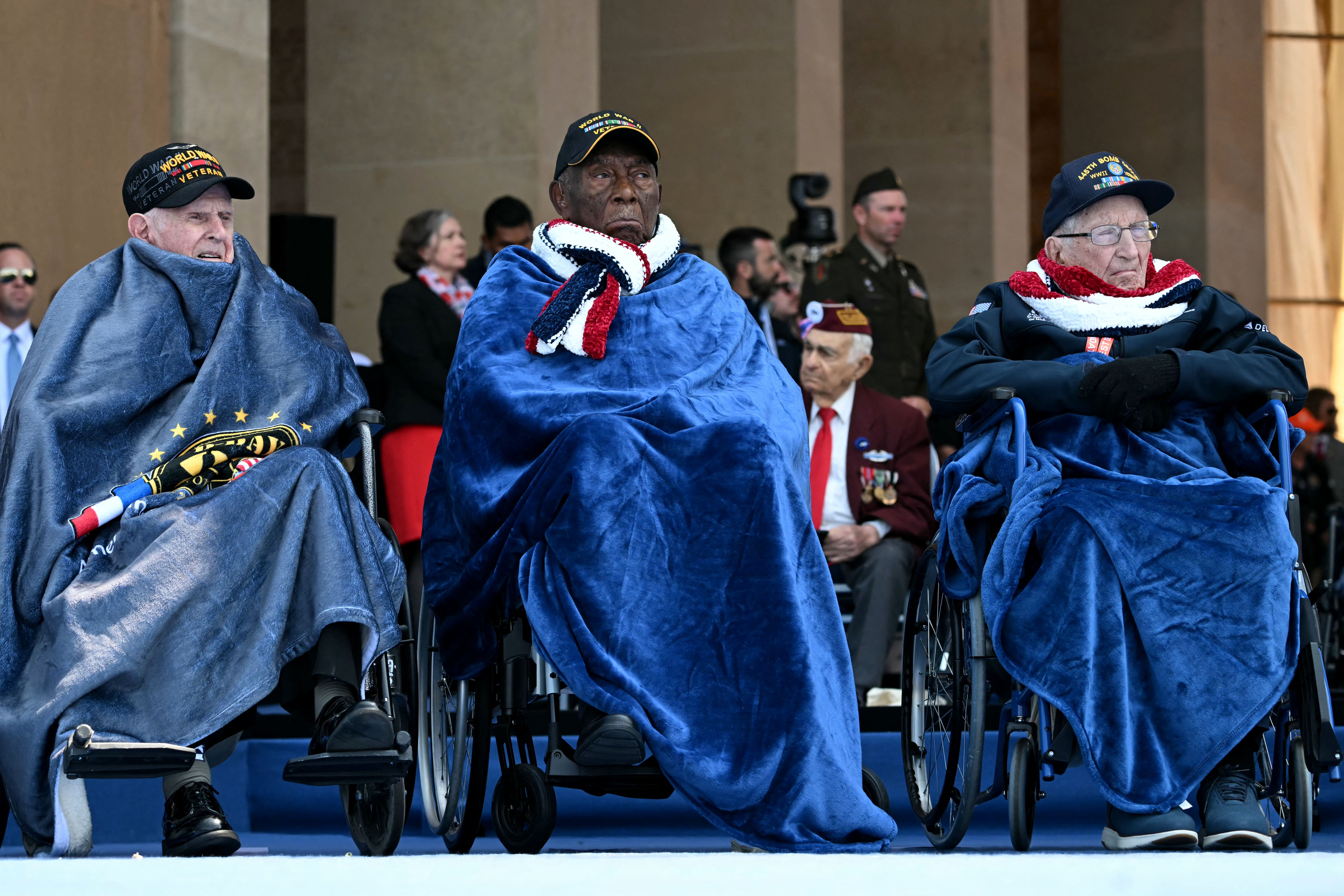 U.S WWII veterans attending the D-Day commemoration ceremony in Colleville-sur-Mer, France, on June 6.