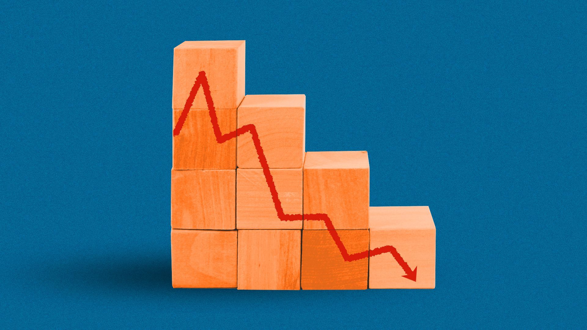 Illustration of stacked children's building blocks with a downward trending arrow