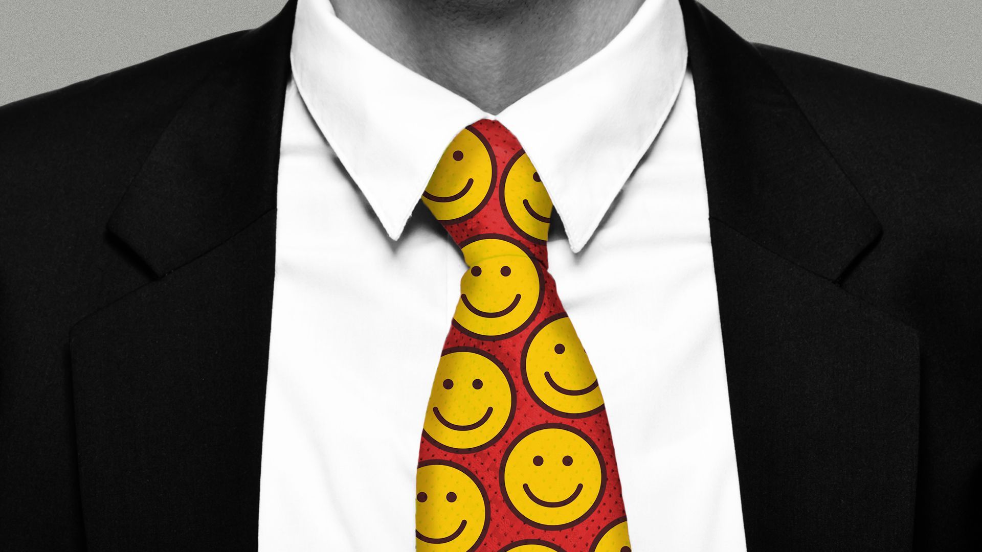 Illustration of a person wearing a red necktie with a smiley face pattern.