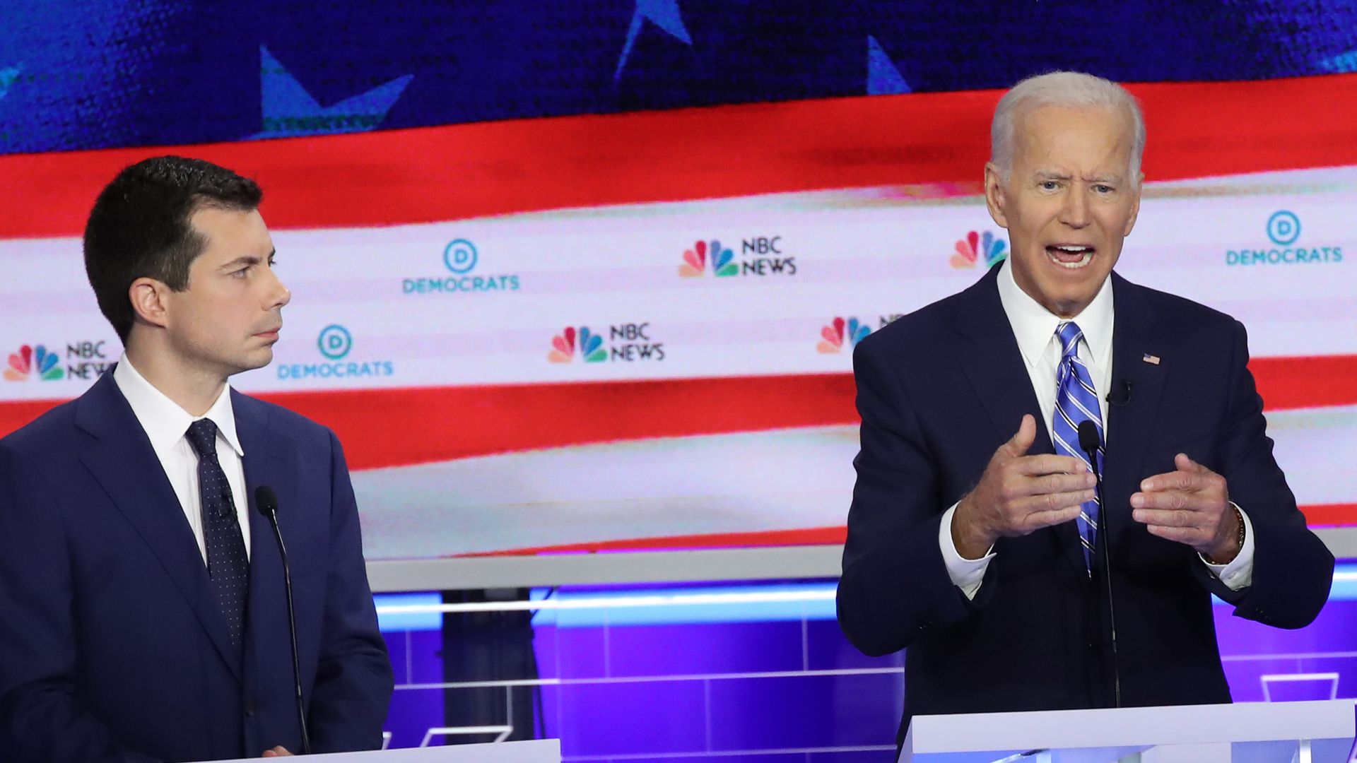  Democratic presidential candidates (L-R) South Bend, Indiana Mayor Pete Buttigieg, former Vice President Joe Biden  in the first Democratic presidential debate on June 27, 2019 in Miami, Florida. 