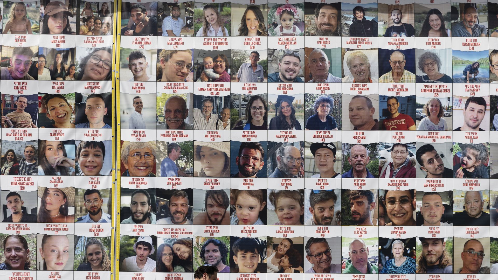  A man passes by a building covered with photos of hostages who have been released or are still being held in the Gaza Strip, on March 26, 2024 in Tel Aviv, Israel. 