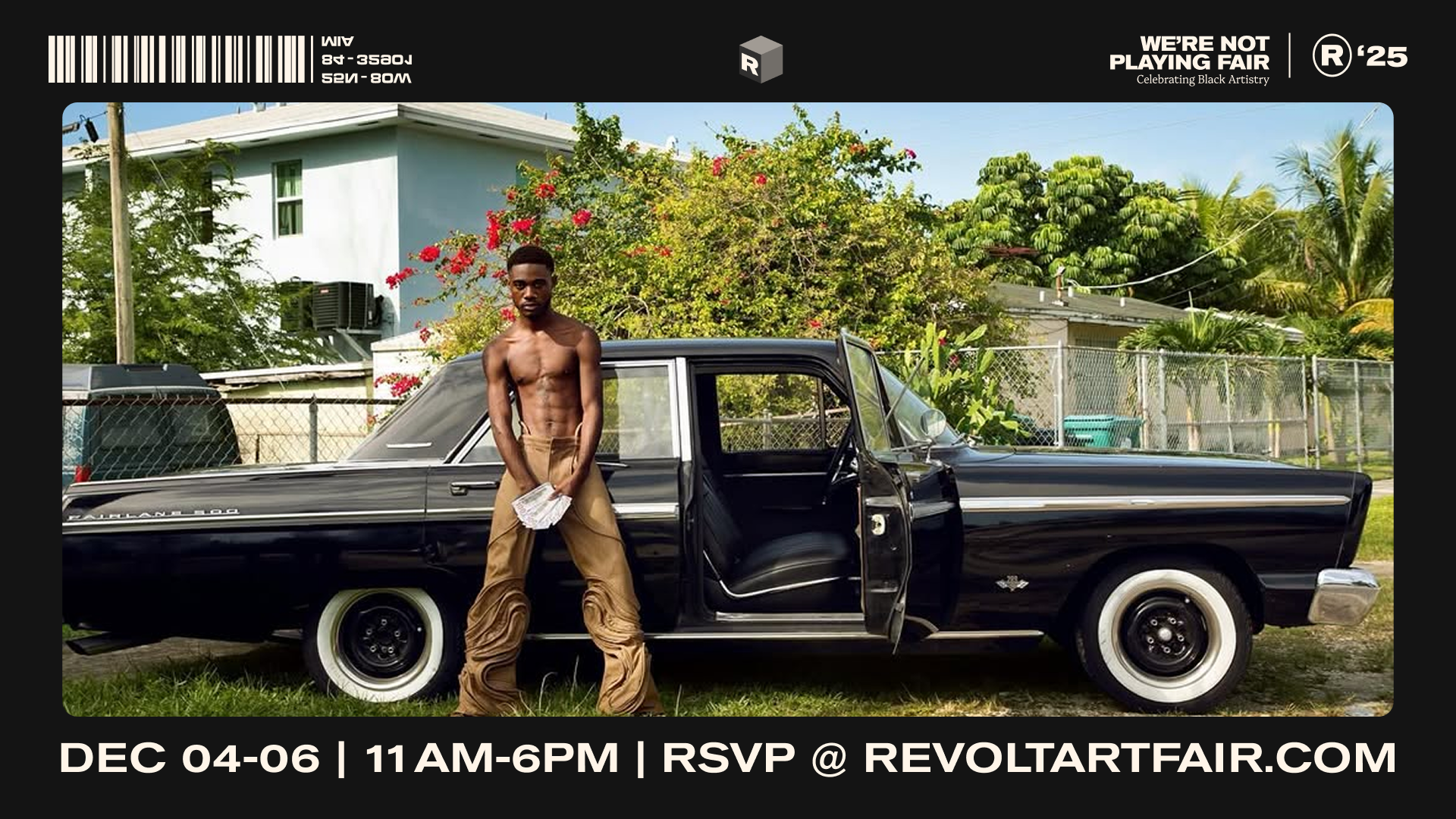 The event flyer for Revolt Art Fair features a Black man standing in front of a black car. 
