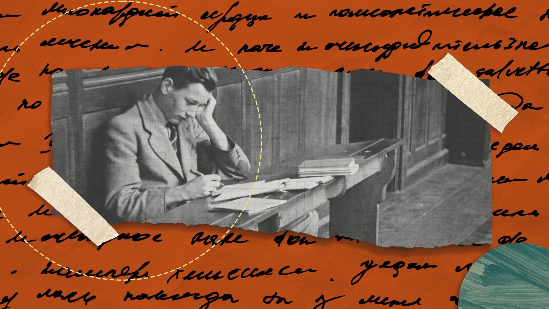 Photo illustration of an archival photo of a young man with schoolwork looking lonely surrounded by various circles and writing