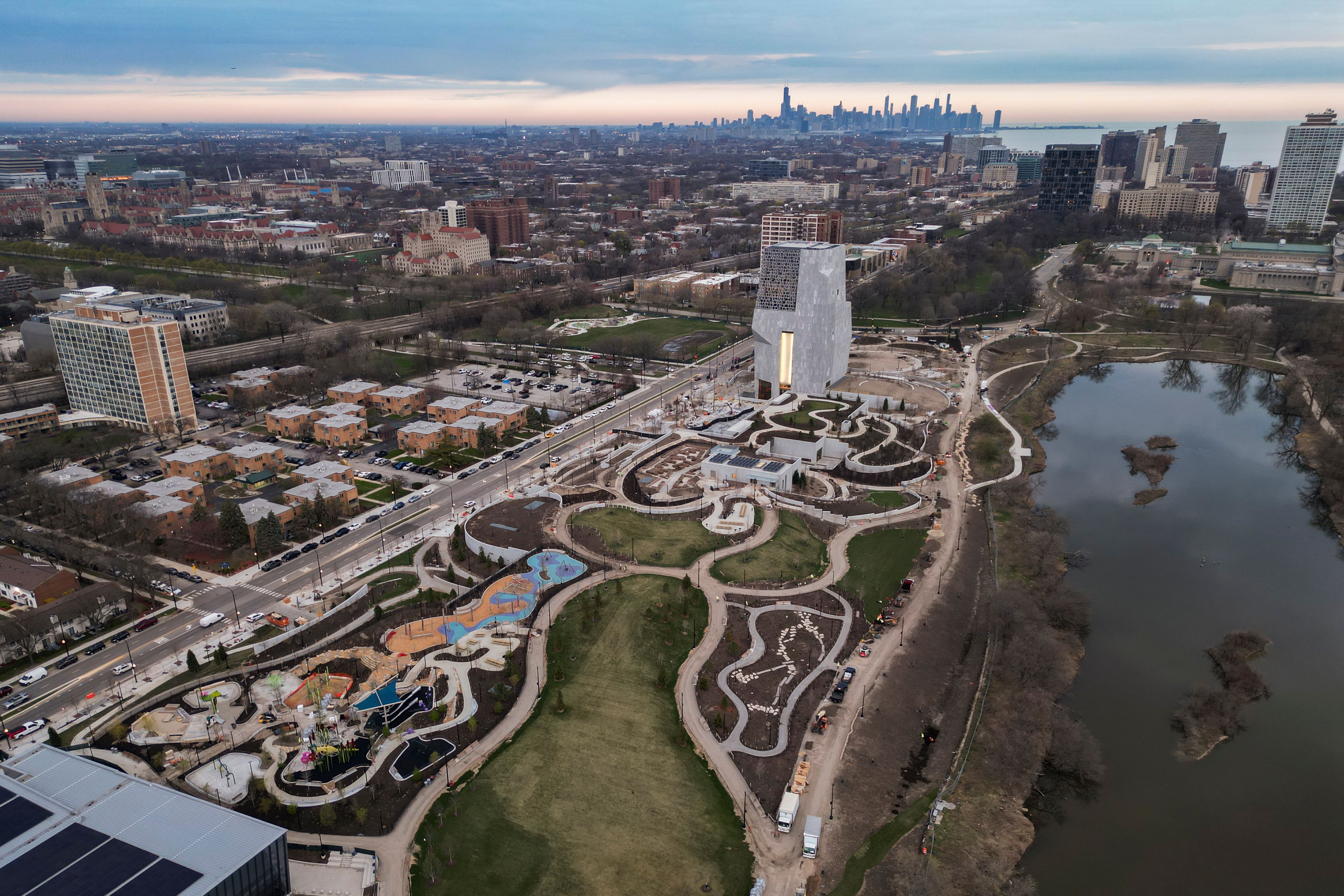 An aerial view of Chicago's Obama Presidential Center. AP Photo/Erin Hooley