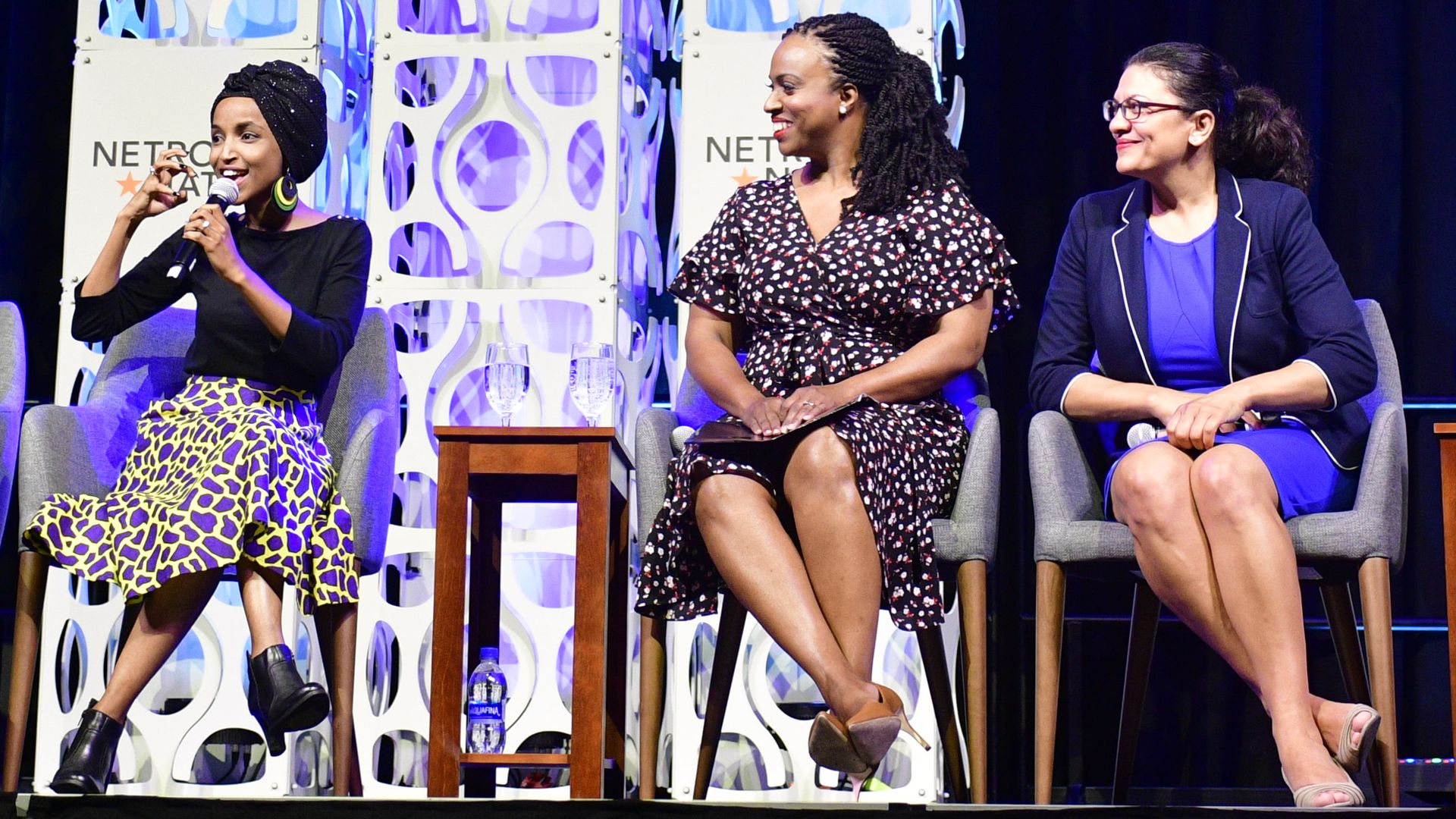 Rep. Ayanna Pressley (D-MA), Rep. Rashida Tlaib (D-MI)  take part in a panel discussion at the Netroots Nation progressive grassroots convention in Philadelphia, PA, on July 13.