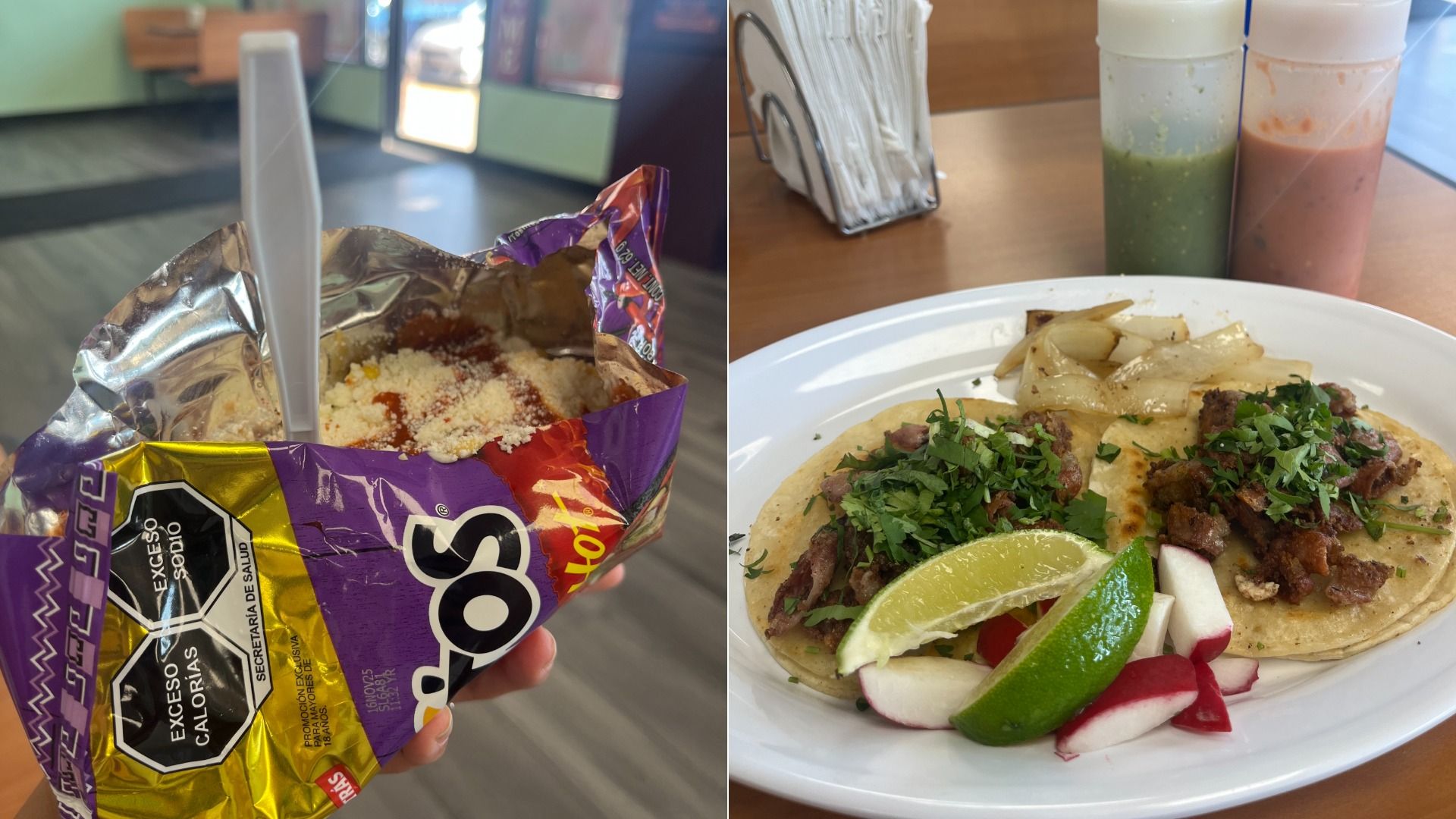 Left image shows a hand holding a opened bag of Takis Fuego with cheese and hot sauce inside, a plastic fork inserted. Right image shows a plate with two tacos topped with cilantro, lime wedges, radish, grilled onions, and two bottles of green and red sauces.