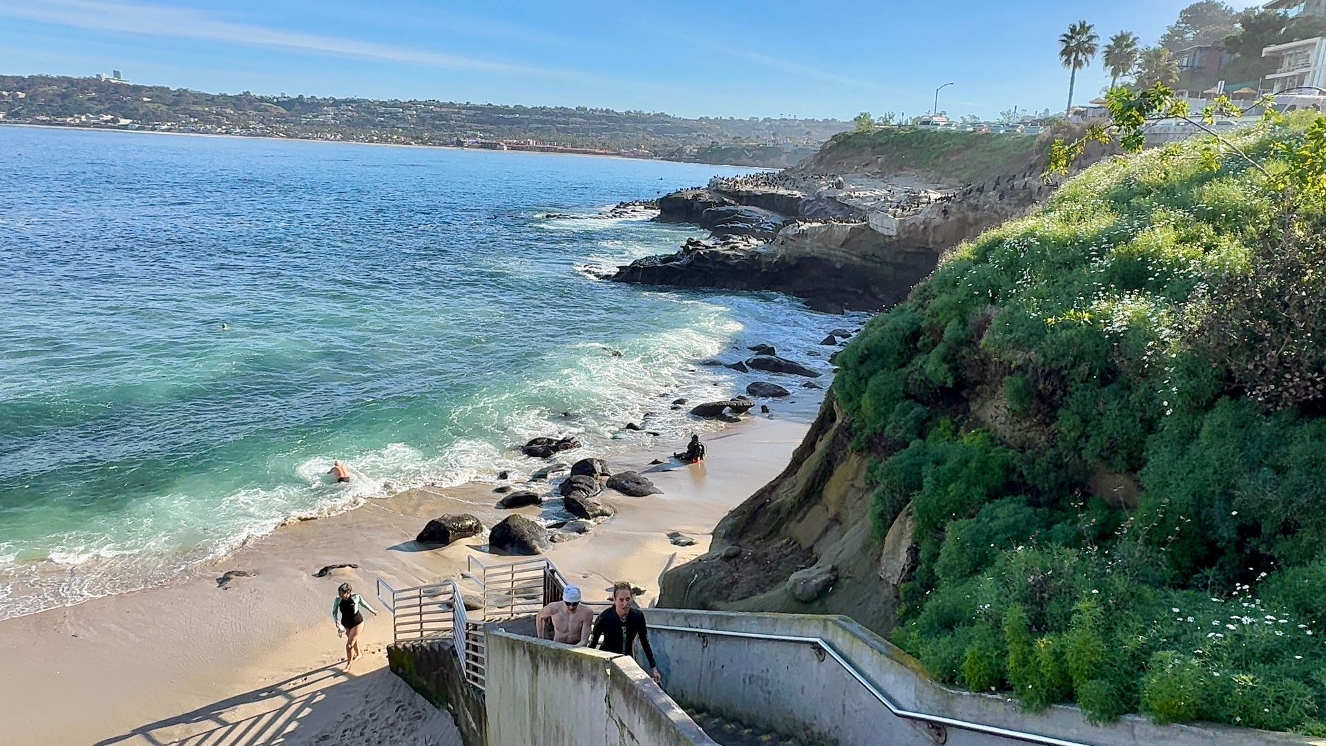 Sunlit coastal scene: sandy beach, blue-green waves, and rocky shore. A green hillside with shrubs and palm trees rises on the right, with houses above. Concrete stairs lead to the shore where a few people stand.