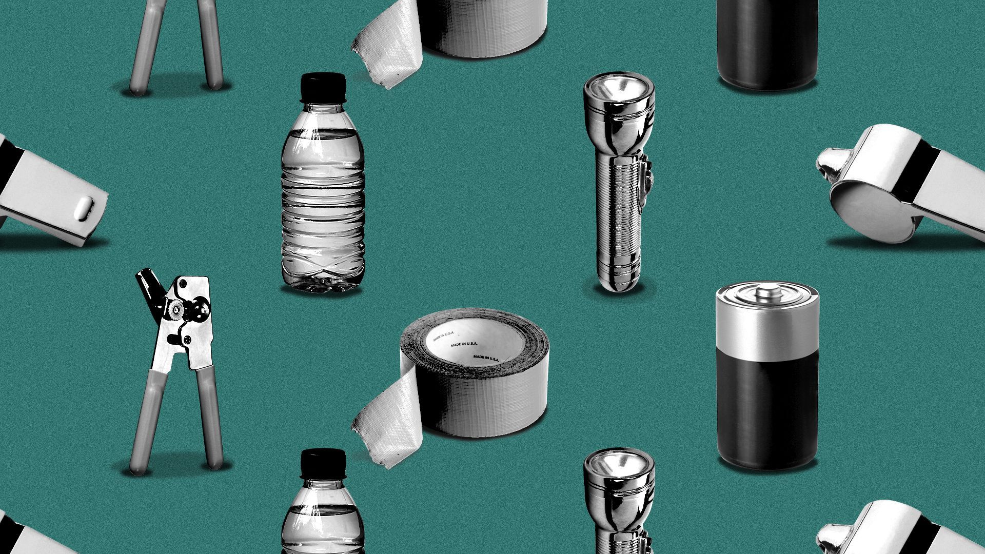 Illustration of a pattern consisting of a water bottle, a flashlight, a whistle, duct tape, a battery, and a can opener. 