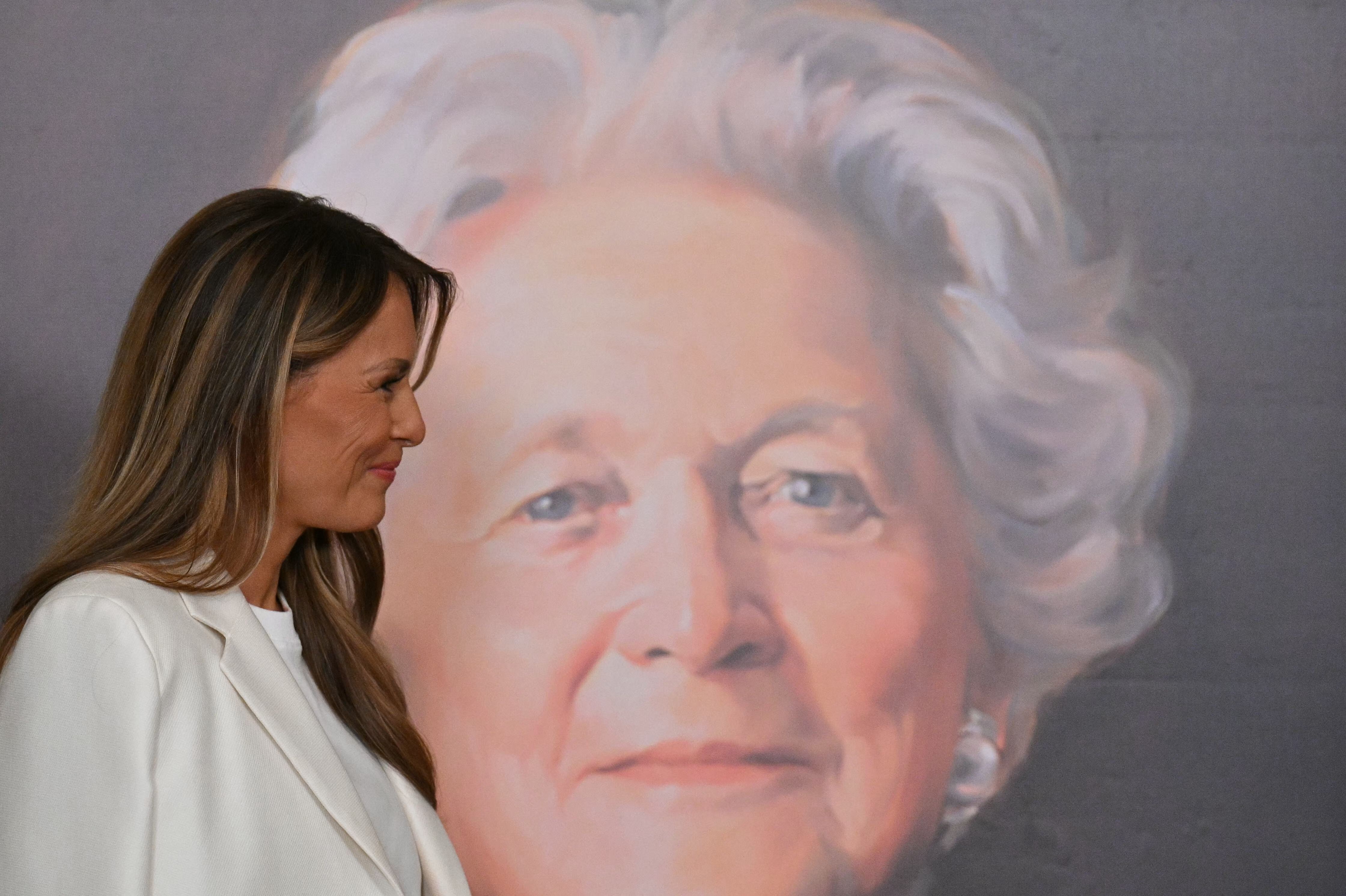 First Lady Melania Trump hosts the unveiling of a US Postal Service stamp of former First Lady Barbara Bush in the East Room of the White House on May 8, 2025, in Washington, DC.