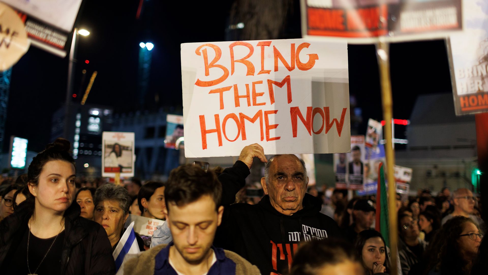 Demonstrators during a rally demanding the release of hostages held by Hamas operatives in Tel Aviv, Israel, on Saturday, Jan. 6, 2024.