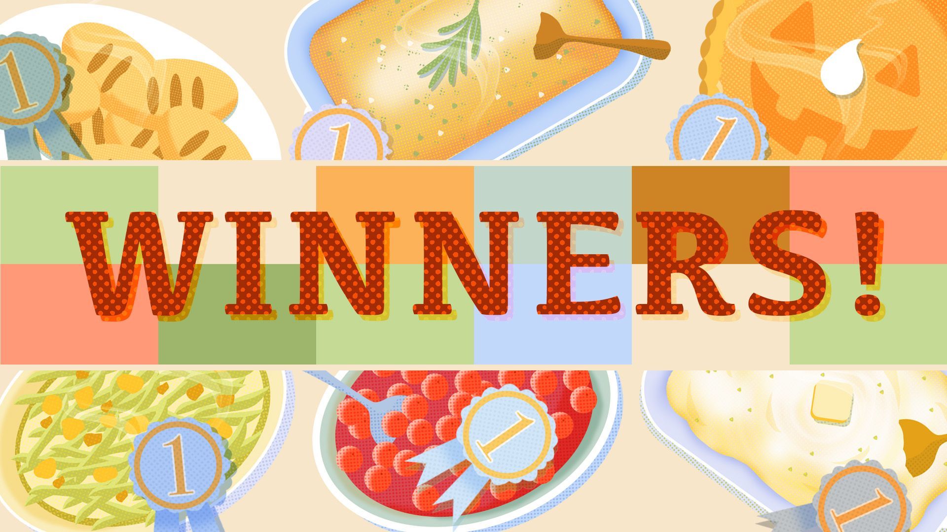 Illustration of an assortment of Thanksgiving sides with the word "winners" over it