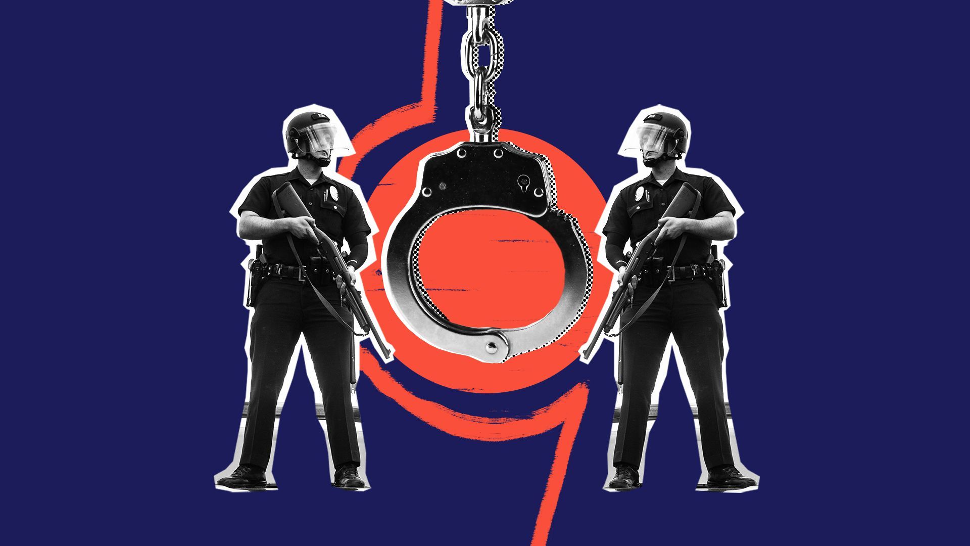 Photo illustration of handcuffs and two police officers.