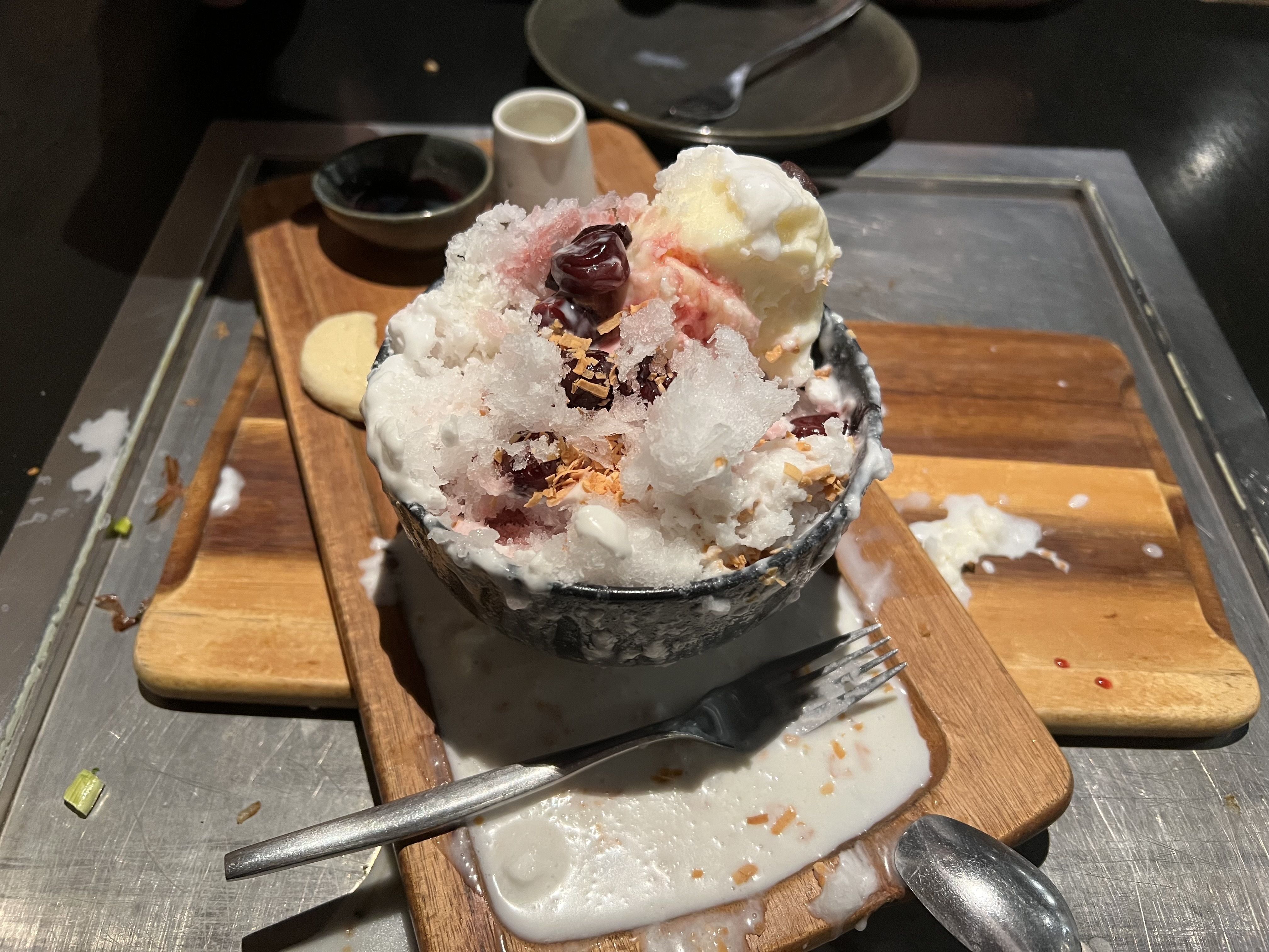 Photo of a half-eaten dessert on a table. 