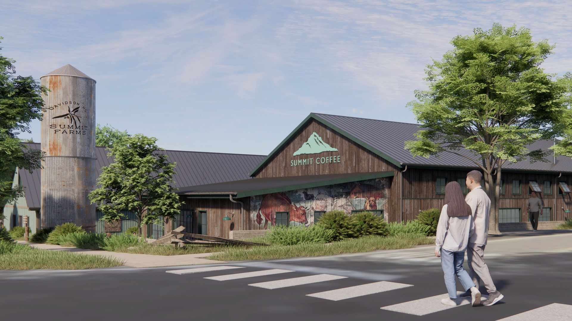 Rustic wooden building with a green-trim roof reading Summit Coffee and a mountain logo; mural on the wall. A silo says Davidson Summit Farms. Two people cross the street in front under a blue sky.