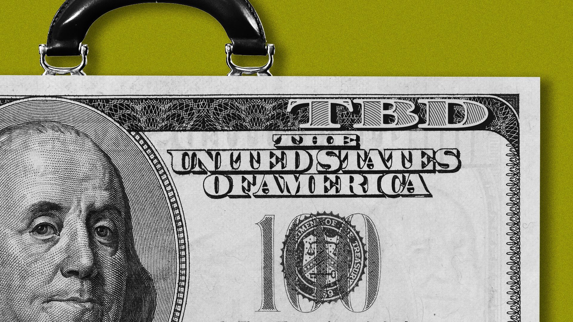 Illustration of a dollar bill as a briefcase, but the value says "TBD." 