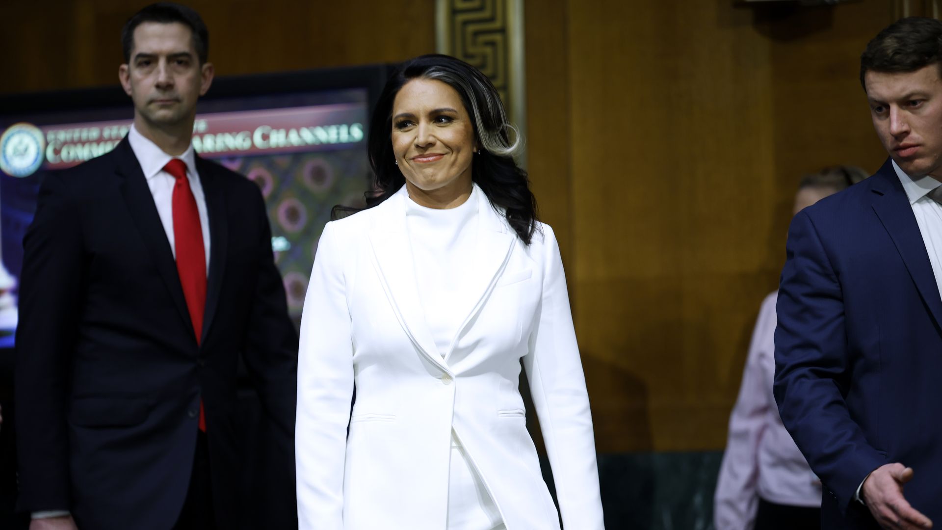 Tulsi Gabbard, U.S. President Donald Trump's nominee to be Director of National Intelligence, arrives to testify during her confirmation hearing before the Senate Intelligence Committee 
